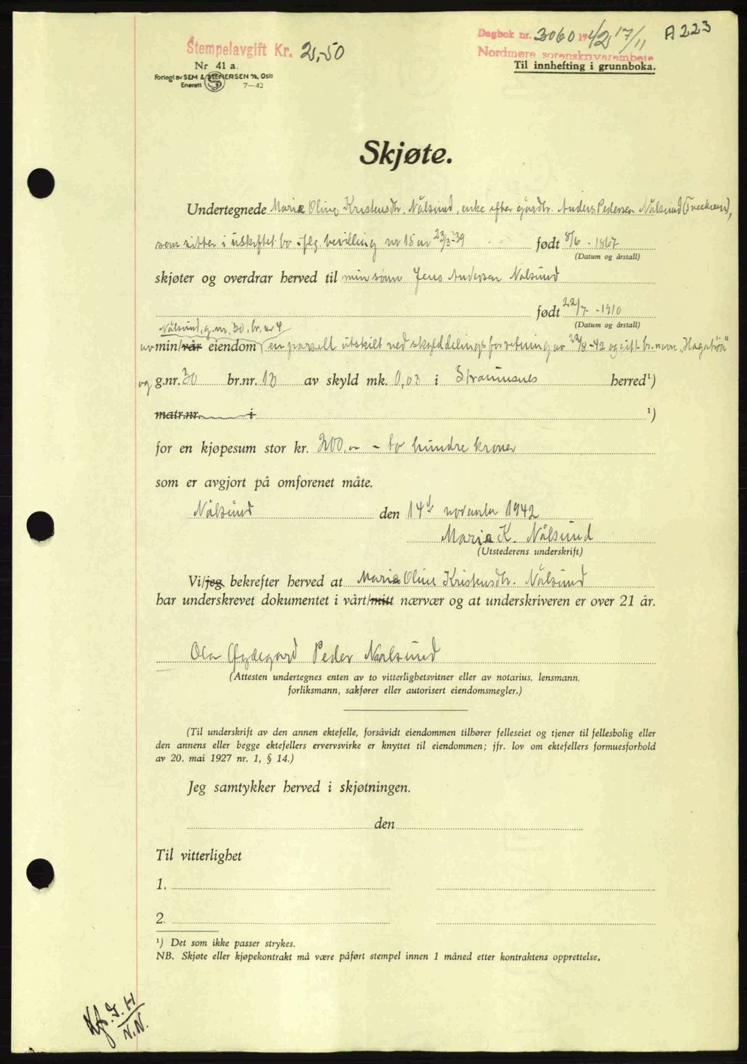 Nordmøre sorenskriveri, AV/SAT-A-4132/1/2/2Ca: Pantebok nr. A94, 1942-1943, Dagboknr: 3060/1942