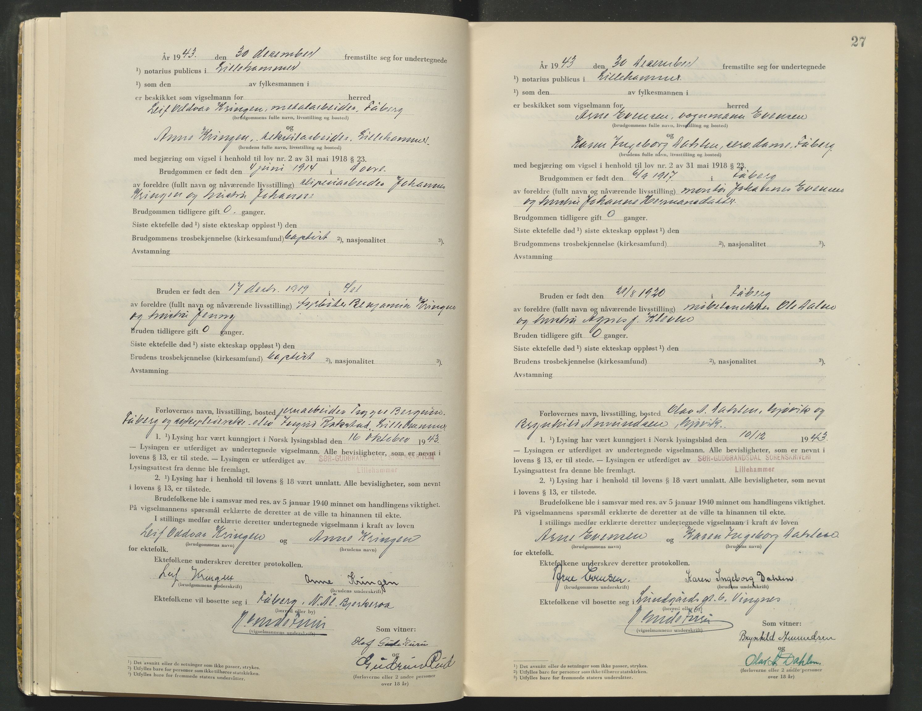Sør-Gudbrandsdal tingrett, AV/SAH-TING-004/L/Lc/L0004: Vigselsprotokoll, 1943-1944, s. 27