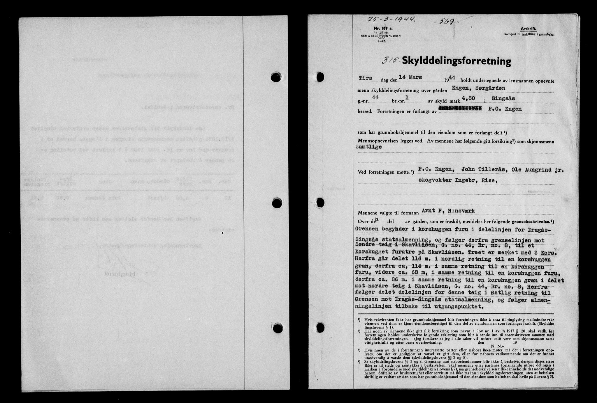 Gauldal sorenskriveri, SAT/A-0014/1/2/2C/L0057: Pantebok nr. 62, 1943-1944, Dagboknr: 315/1944