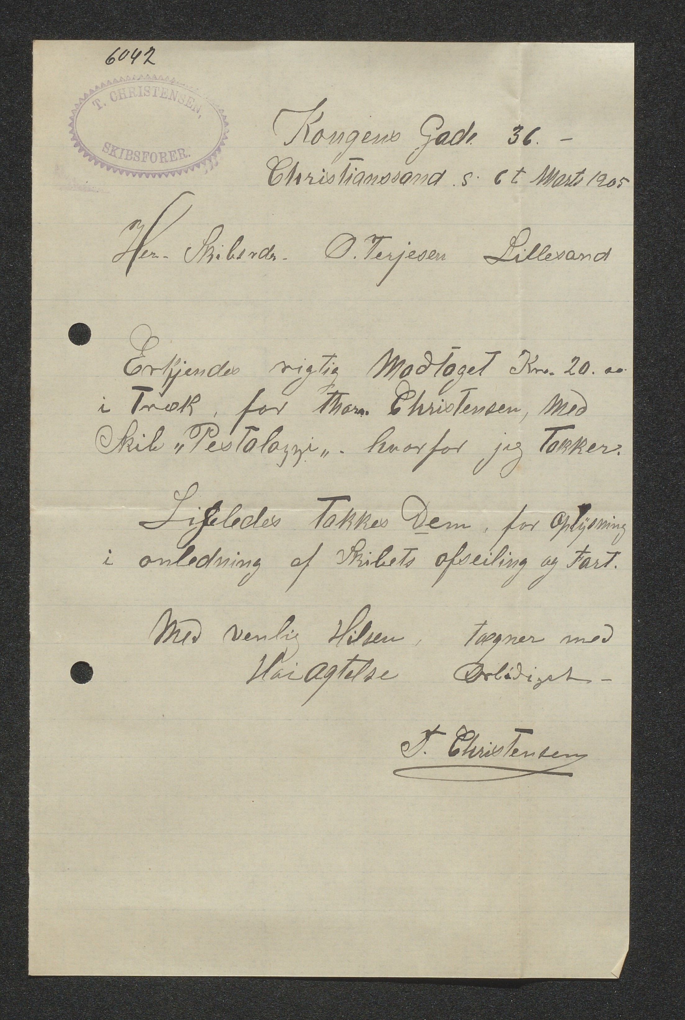 O. Terjesens rederi, AAKS/PA-2525/E/E01/L0013: Korrespondanse, 1904-1905
