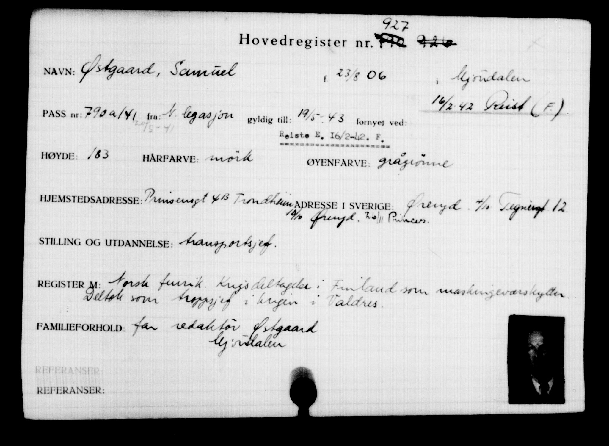 Utenriksstasjonene, Legasjonen i Stockholm, Flyktningkontoret, AV/RA-S-6753/V/Va/L0001: Kjesäterkartoteket, flyktninger med registreringsnr. 1-1000, 1940-1945, s. 1453