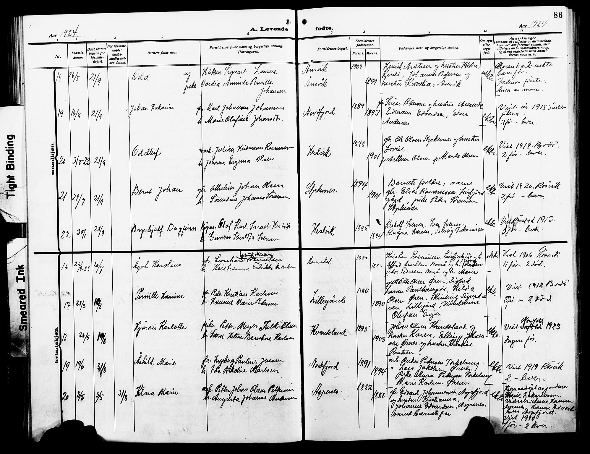 Ministerialprotokoller, klokkerbøker og fødselsregistre - Nordland, AV/SAT-A-1459/854/L0787: Klokkerbok nr. 854C03, 1913-1926, s. 86