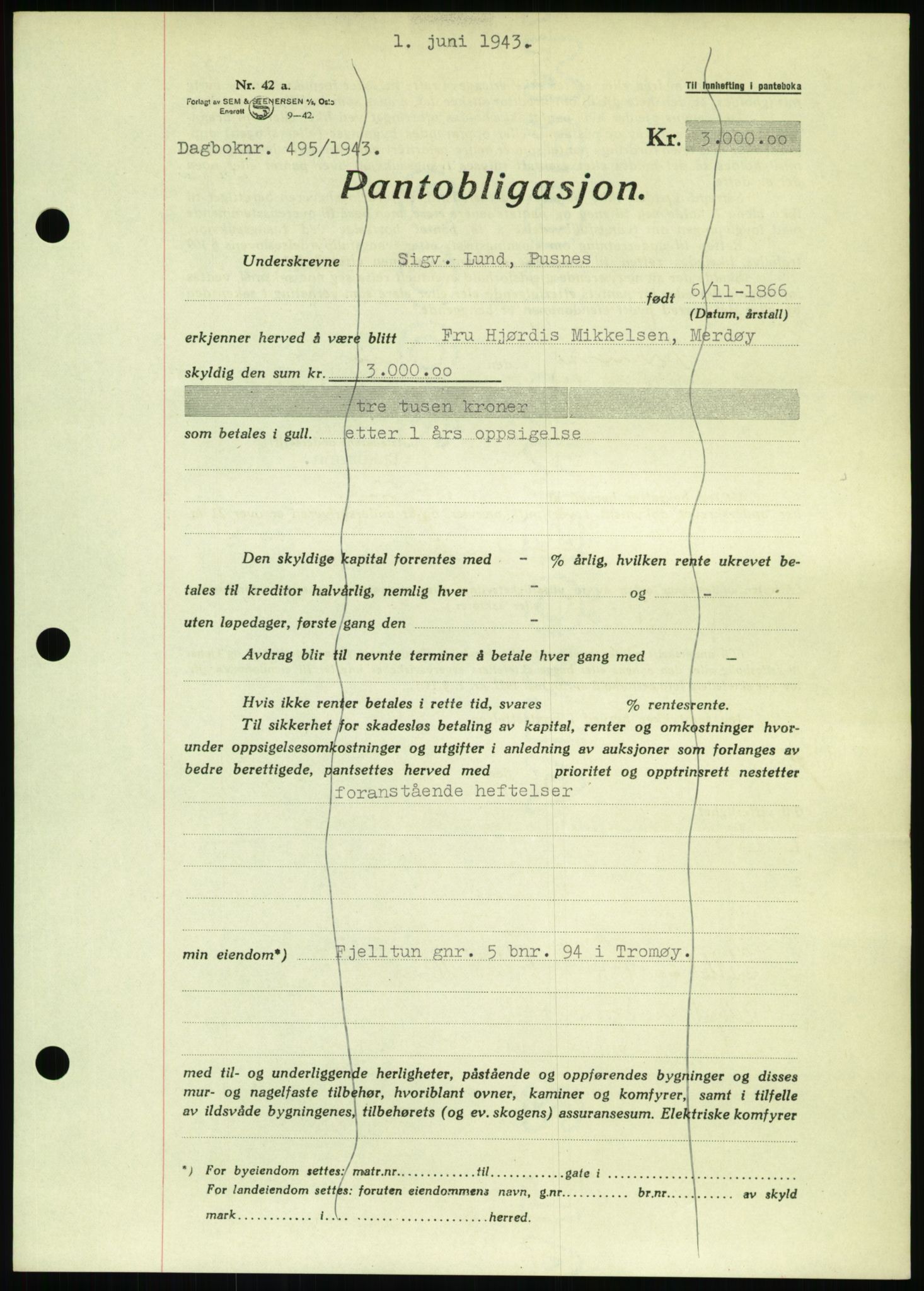 Nedenes sorenskriveri, SAK/1221-0006/G/Gb/Gbb/L0002: Pantebok nr. II, 1942-1945, Dagboknr: 495/1943
