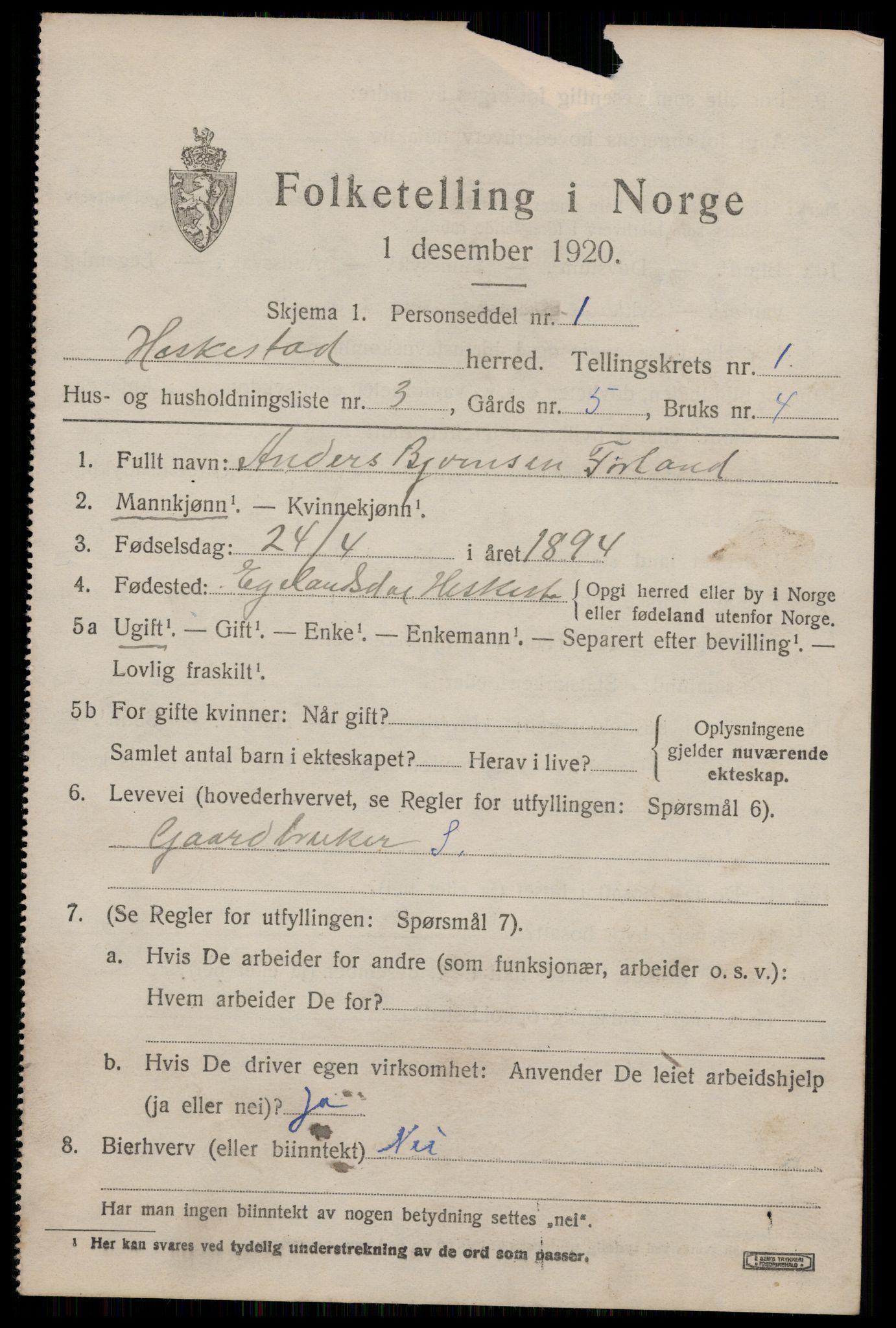 SAST, Folketelling 1920 for 1113 Heskestad herred, 1920, s. 395