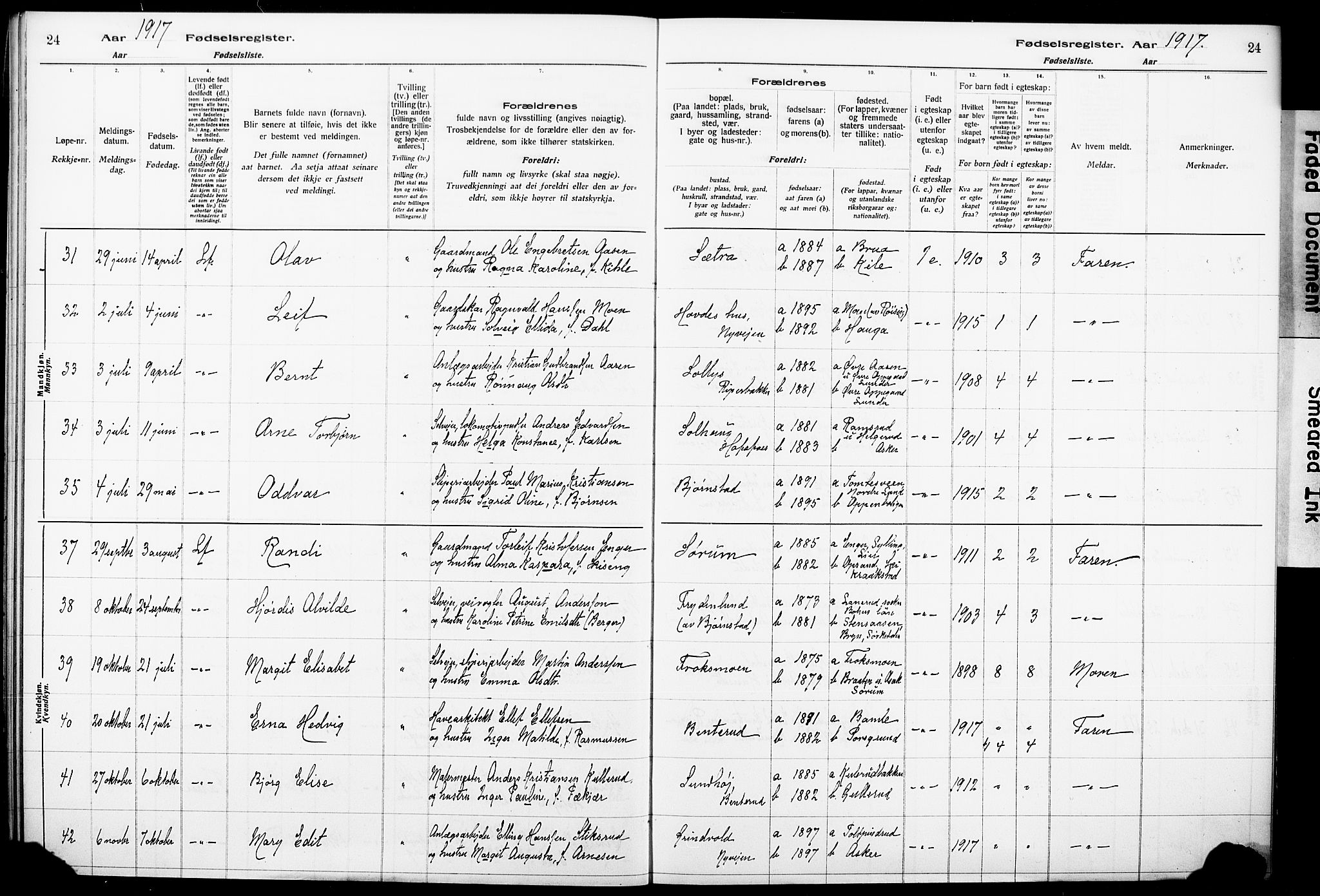 Norderhov kirkebøker, AV/SAKO-A-237/J/Ja/L0001: Fødselsregister nr. 1, 1916-1930, s. 24