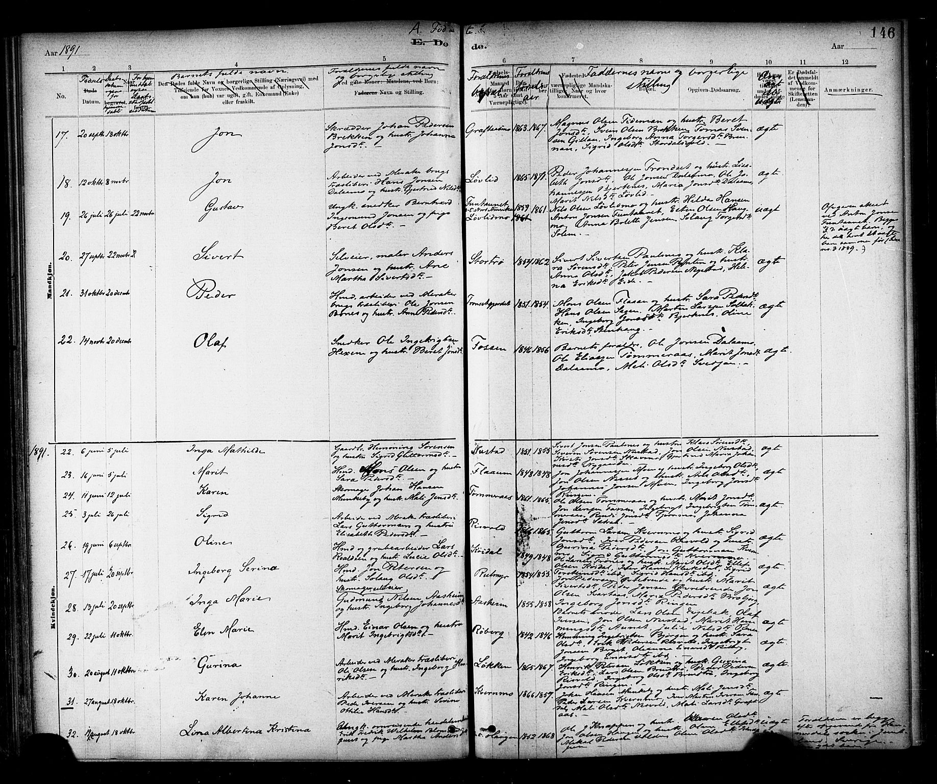 Ministerialprotokoller, klokkerbøker og fødselsregistre - Nord-Trøndelag, SAT/A-1458/706/L0047: Ministerialbok nr. 706A03, 1878-1892, s. 146