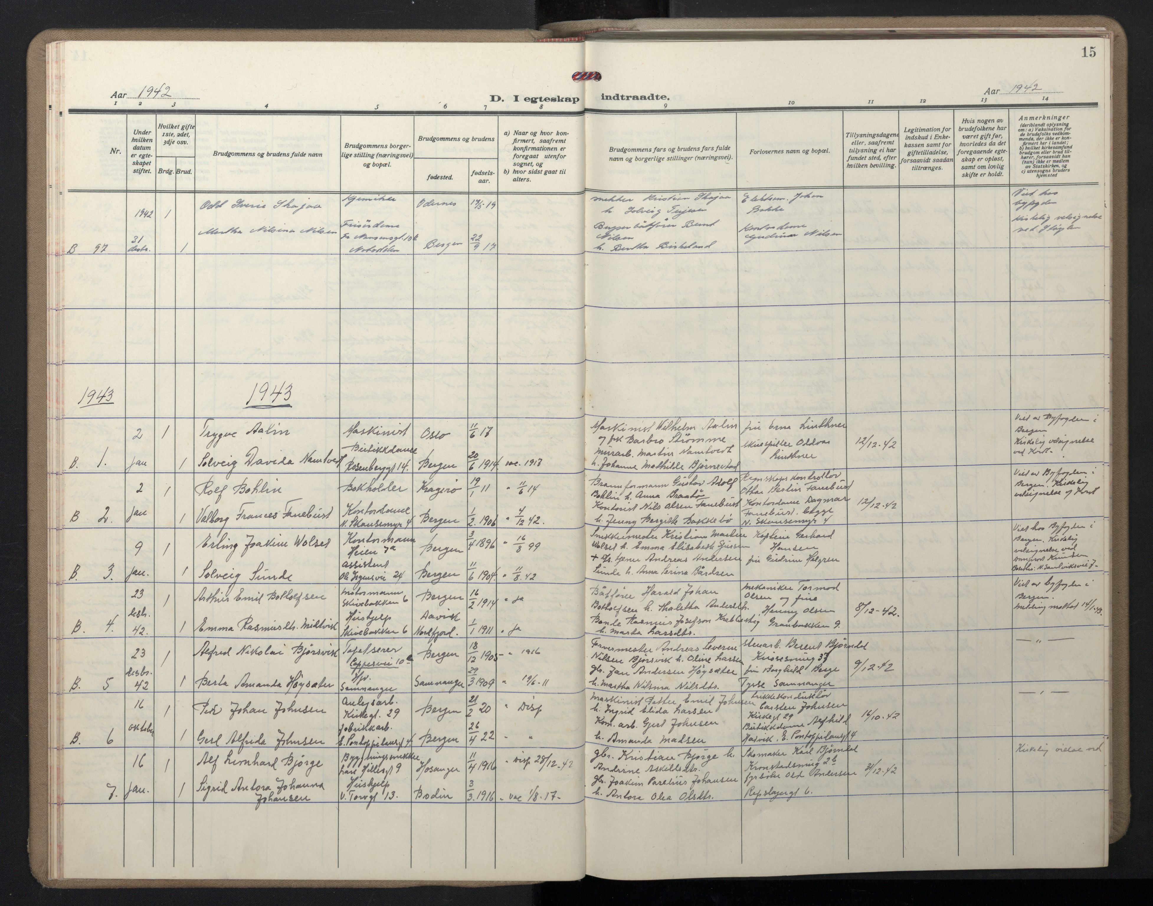 Domkirken sokneprestembete, AV/SAB-A-74801/H/Hab/L0035: Klokkerbok nr. D 7, 1941-1953, s. 15