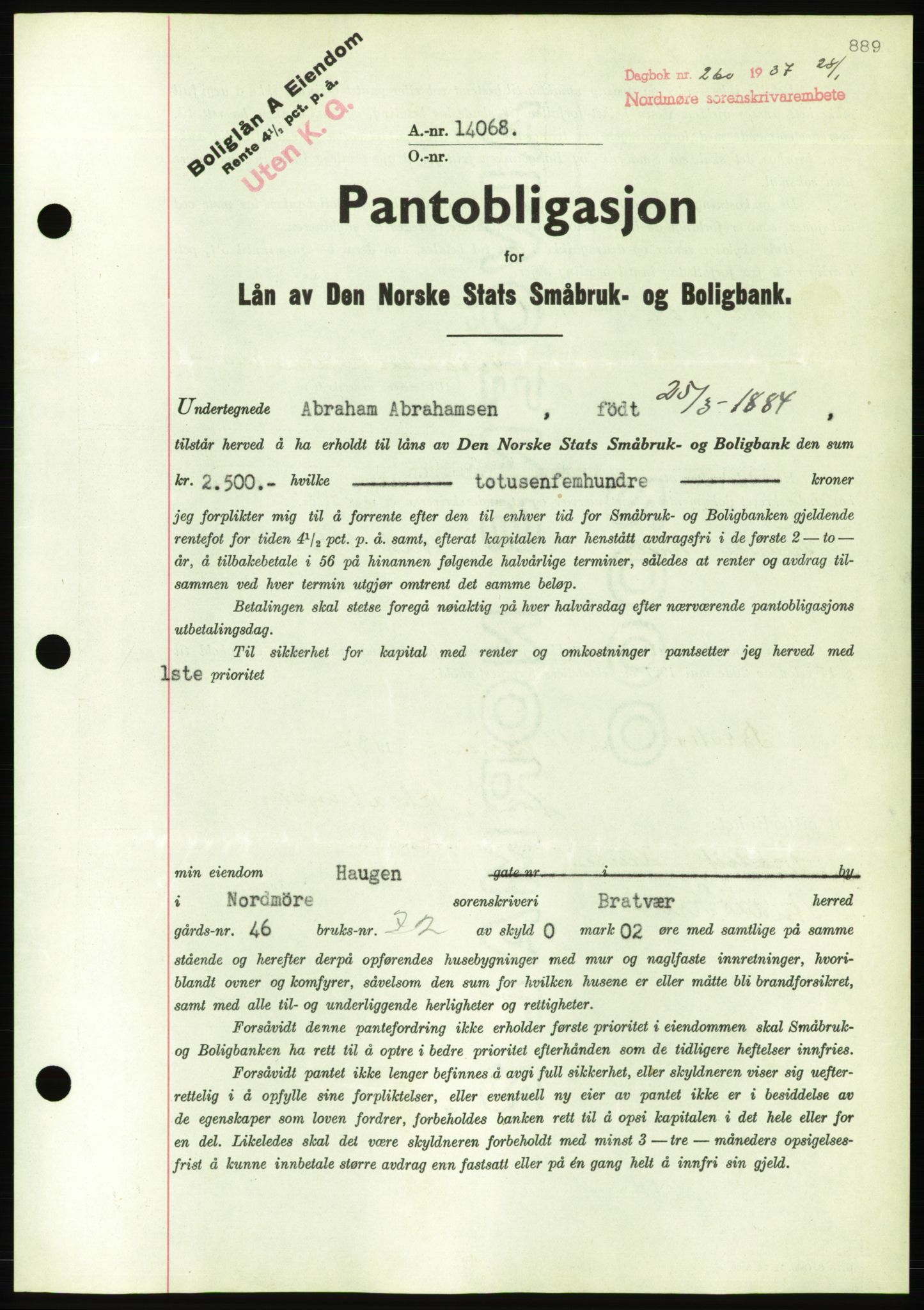 Nordmøre sorenskriveri, AV/SAT-A-4132/1/2/2Ca/L0090: Pantebok nr. B80, 1936-1937, Dagboknr: 260/1937