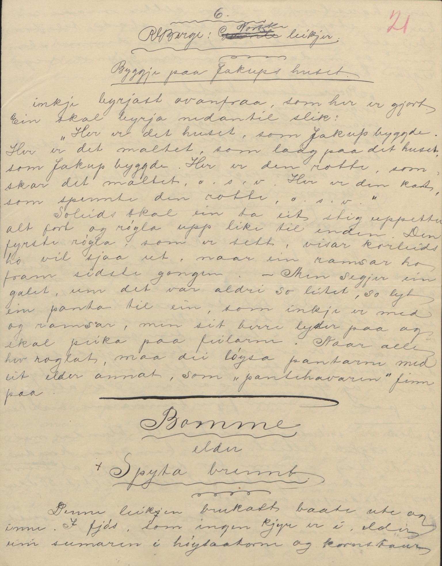 Rikard Berge, TEMU/TGM-A-1003/F/L0004/0053: 101-159 / 157 Manuskript, notatar, brev o.a. Nokre leiker, manuskript, 1906-1908, s. 21