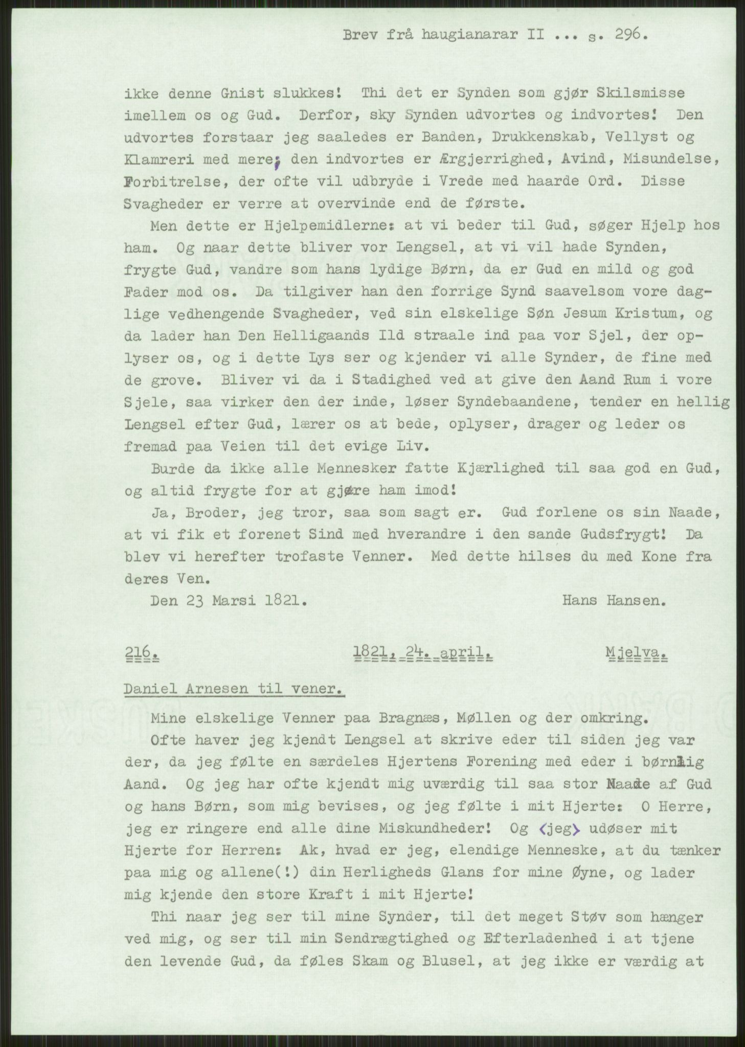 Samlinger til kildeutgivelse, Haugianerbrev, AV/RA-EA-6834/F/L0002: Haugianerbrev II: 1805-1821, 1805-1821, s. 296