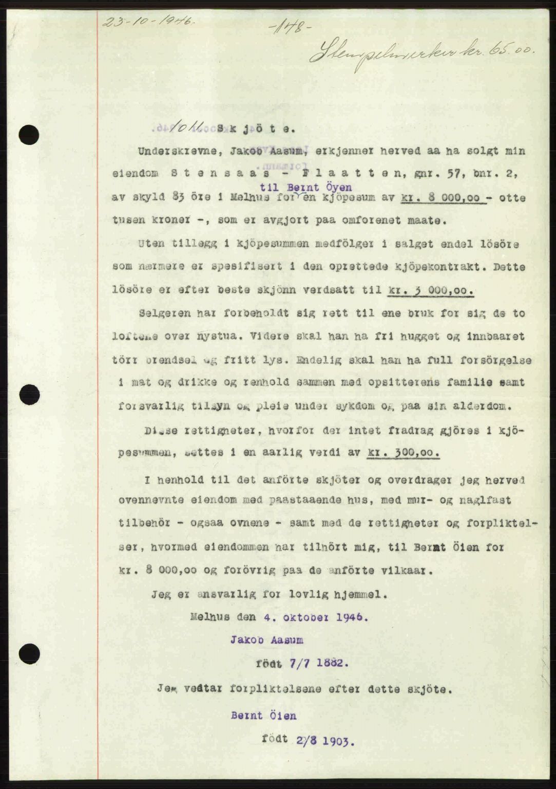 Gauldal sorenskriveri, SAT/A-0014/1/2/2C: Pantebok nr. A2, 1946-1946, Dagboknr: 1011/1946