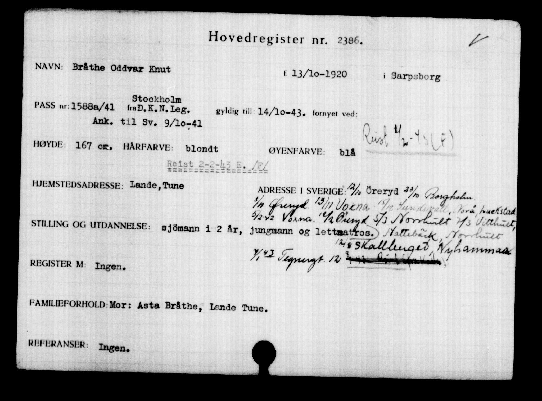 Utenriksstasjonene, Legasjonen i Stockholm, Flyktningkontoret, AV/RA-S-6753/V/Va/L0003: Kjesäterkartoteket, flyktninger med registreringsnr. 2001-3495, 1940-1945, s. 545