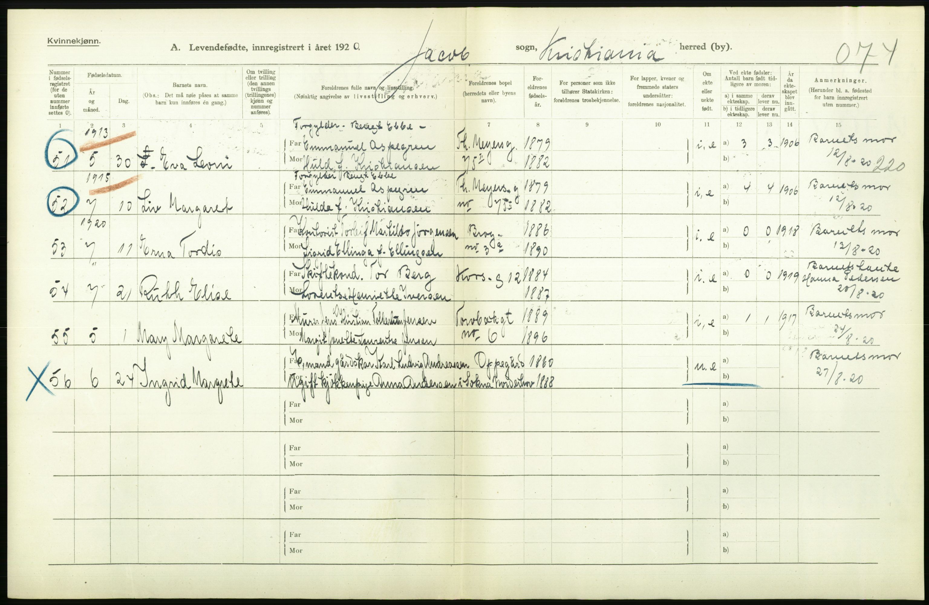 Statistisk sentralbyrå, Sosiodemografiske emner, Befolkning, AV/RA-S-2228/D/Df/Dfb/Dfbj/L0008: Kristiania: Levendefødte menn og kvinner., 1920, s. 520