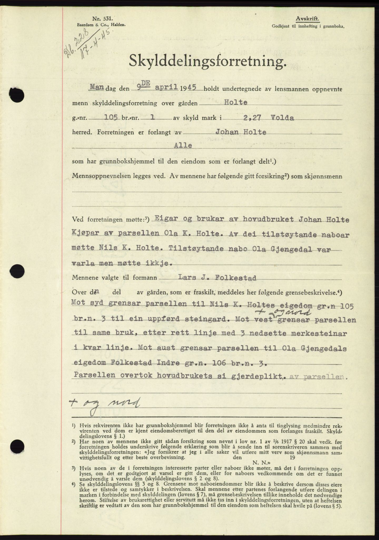 Søre Sunnmøre sorenskriveri, AV/SAT-A-4122/1/2/2C/L0077: Pantebok nr. 3A, 1945-1946, Dagboknr: 228/1945