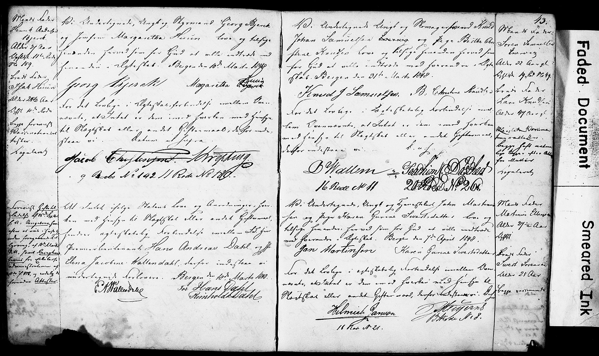 Domkirken sokneprestembete, SAB/A-74801: Forlovererklæringer nr. II.5.4, 1845-1852, s. 43