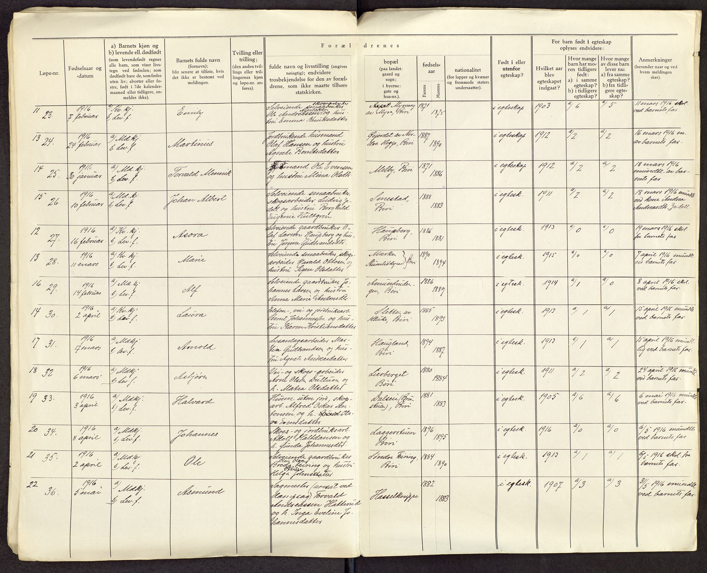 Biri prestekontor, SAH/PREST-096/O/Oa/L0002/0001: Fødselsregister nr. 2.1.14, 1915-1916