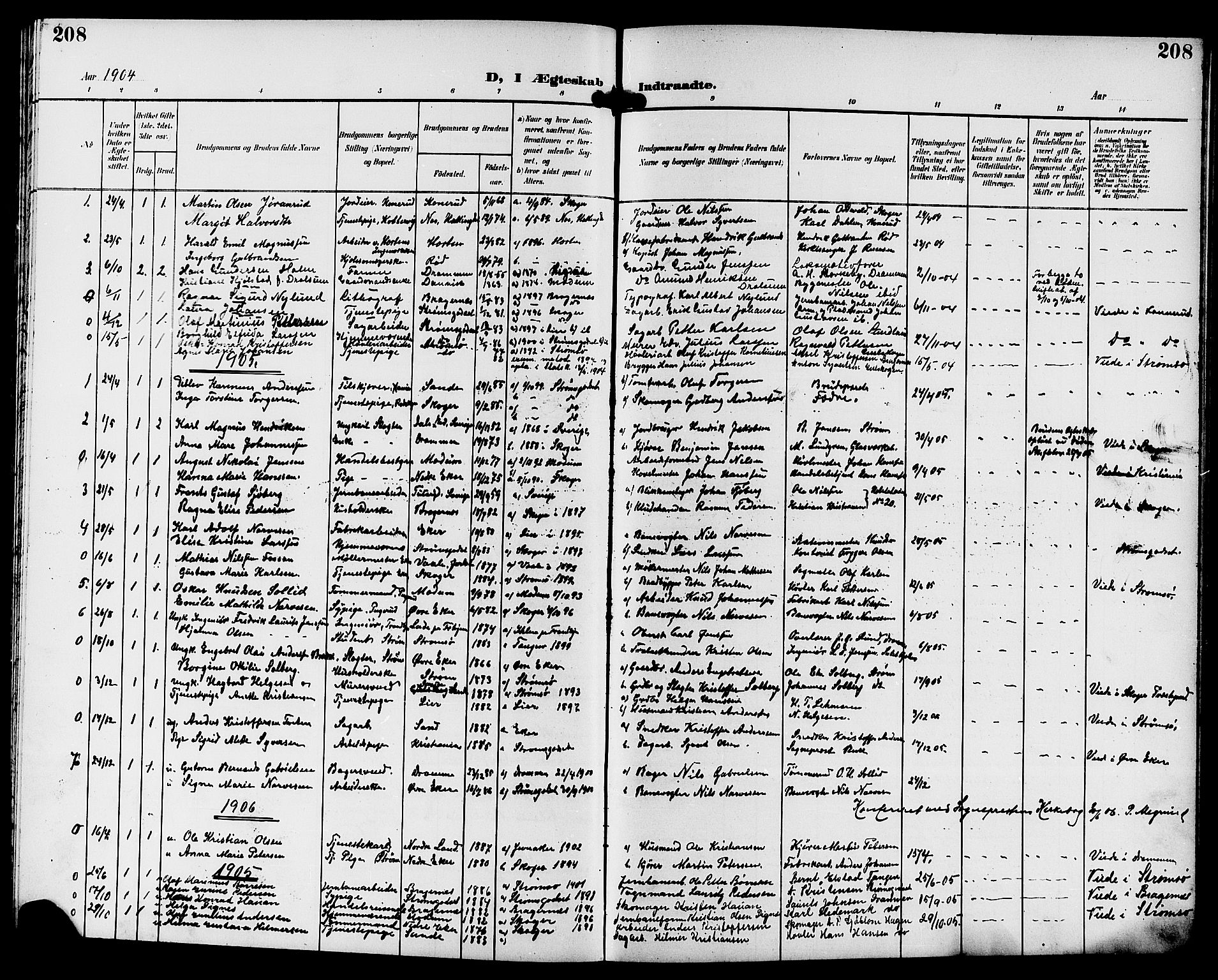 Strømsgodset kirkebøker, AV/SAKO-A-324/G/Ga/L0002: Klokkerbok nr. 2, 1885-1910, s. 208