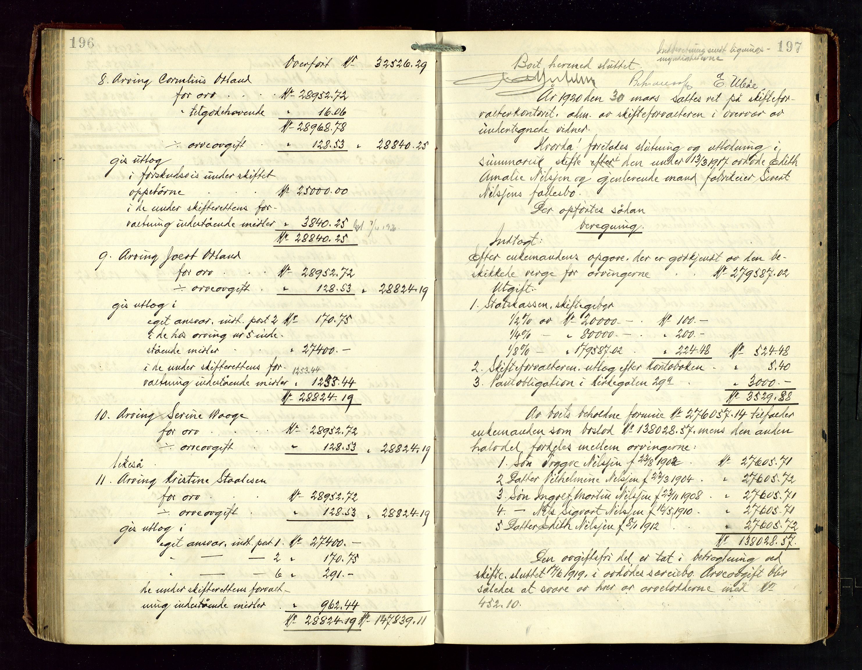 Haugesund tingrett, AV/SAST-A-101415/01/IV/IVD/L0003: Skifteutlodningsprotokoll, med register, 1915-1924, s. 196-197