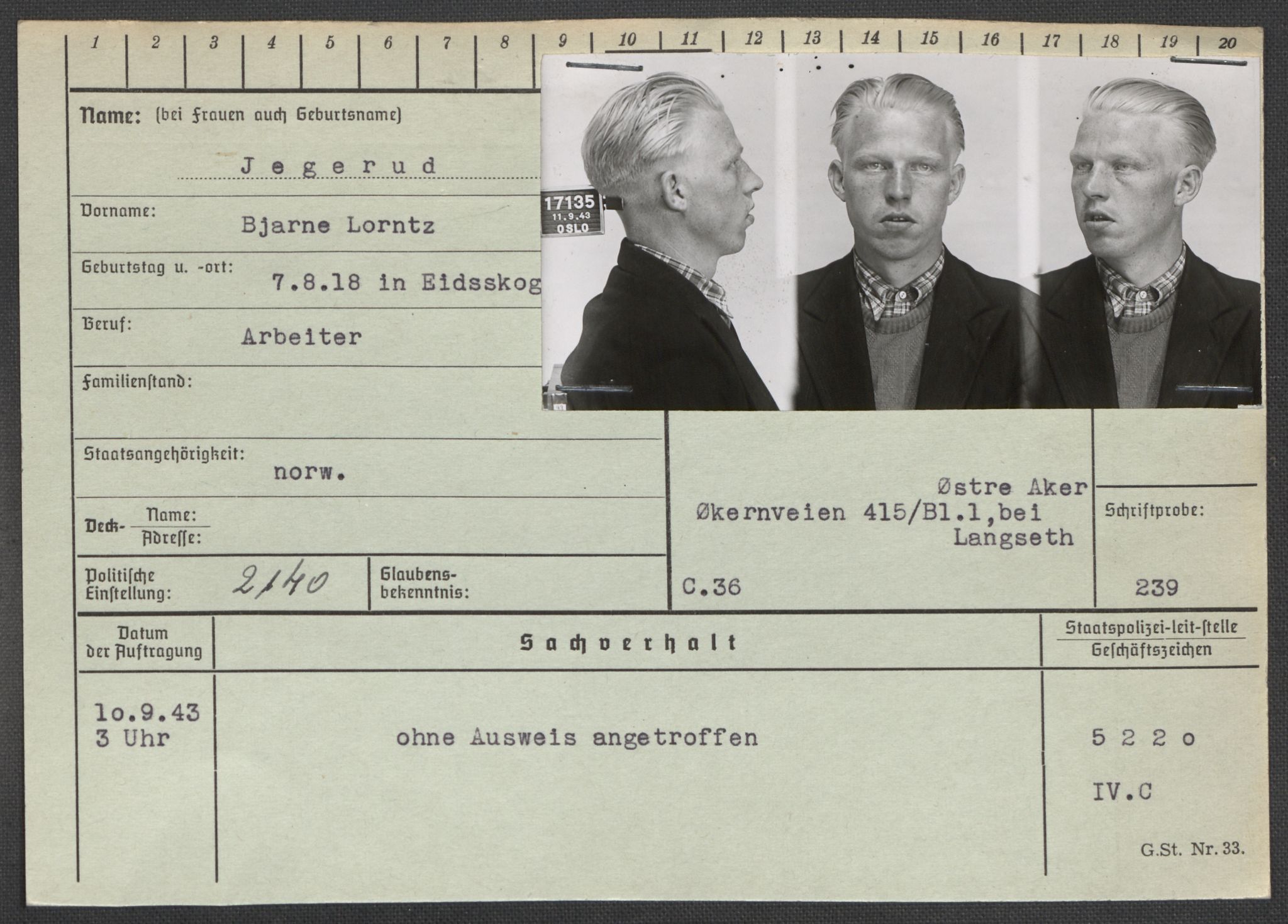 Befehlshaber der Sicherheitspolizei und des SD, RA/RAFA-5969/E/Ea/Eaa/L0005: Register over norske fanger i Møllergata 19: Hø-Kj, 1940-1945, s. 409