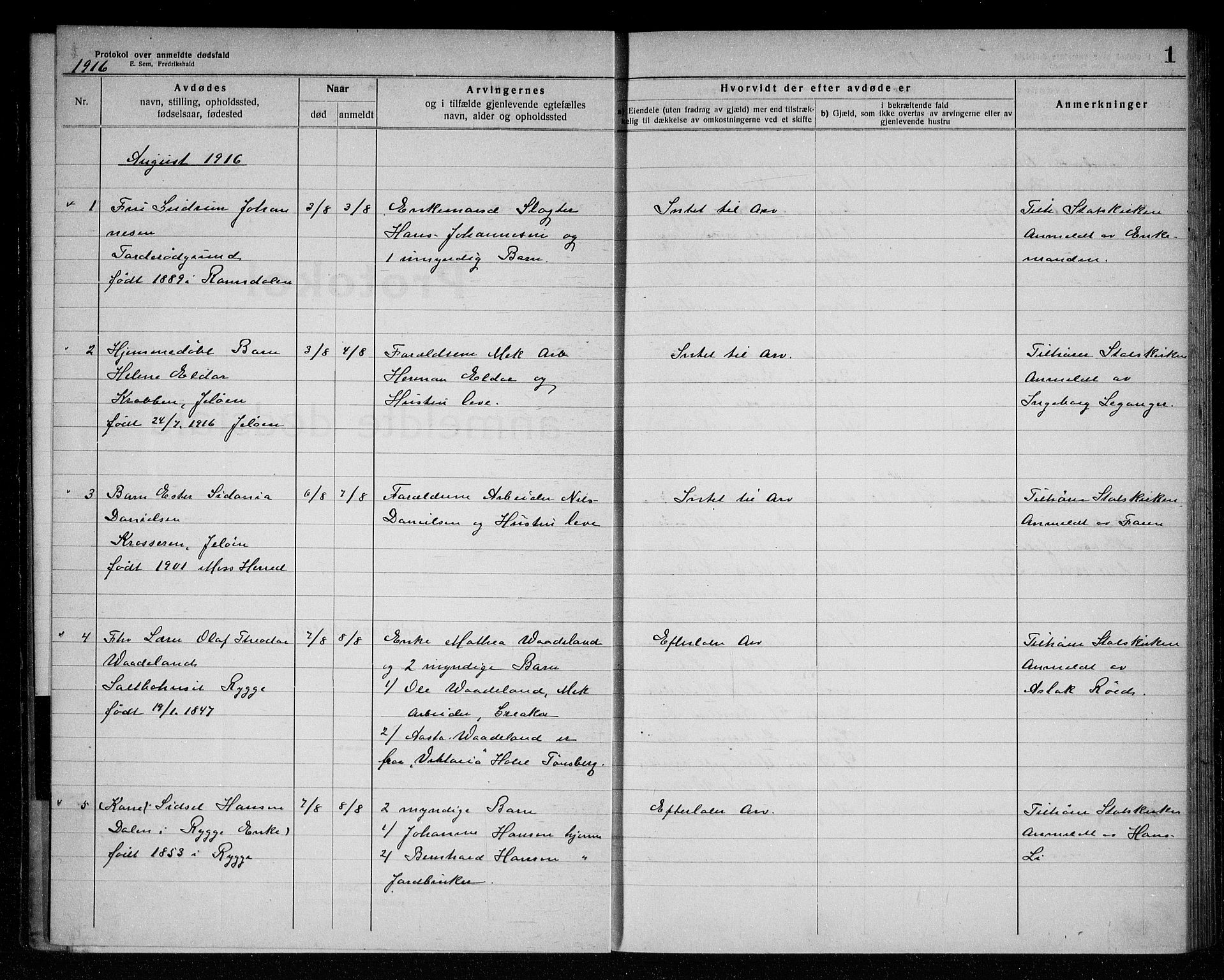 Rygge lensmannskontor, AV/SAO-A-10005/H/Ha/Haa/L0006: Dødsfallsprotokoll, 1916-1920, s. 1
