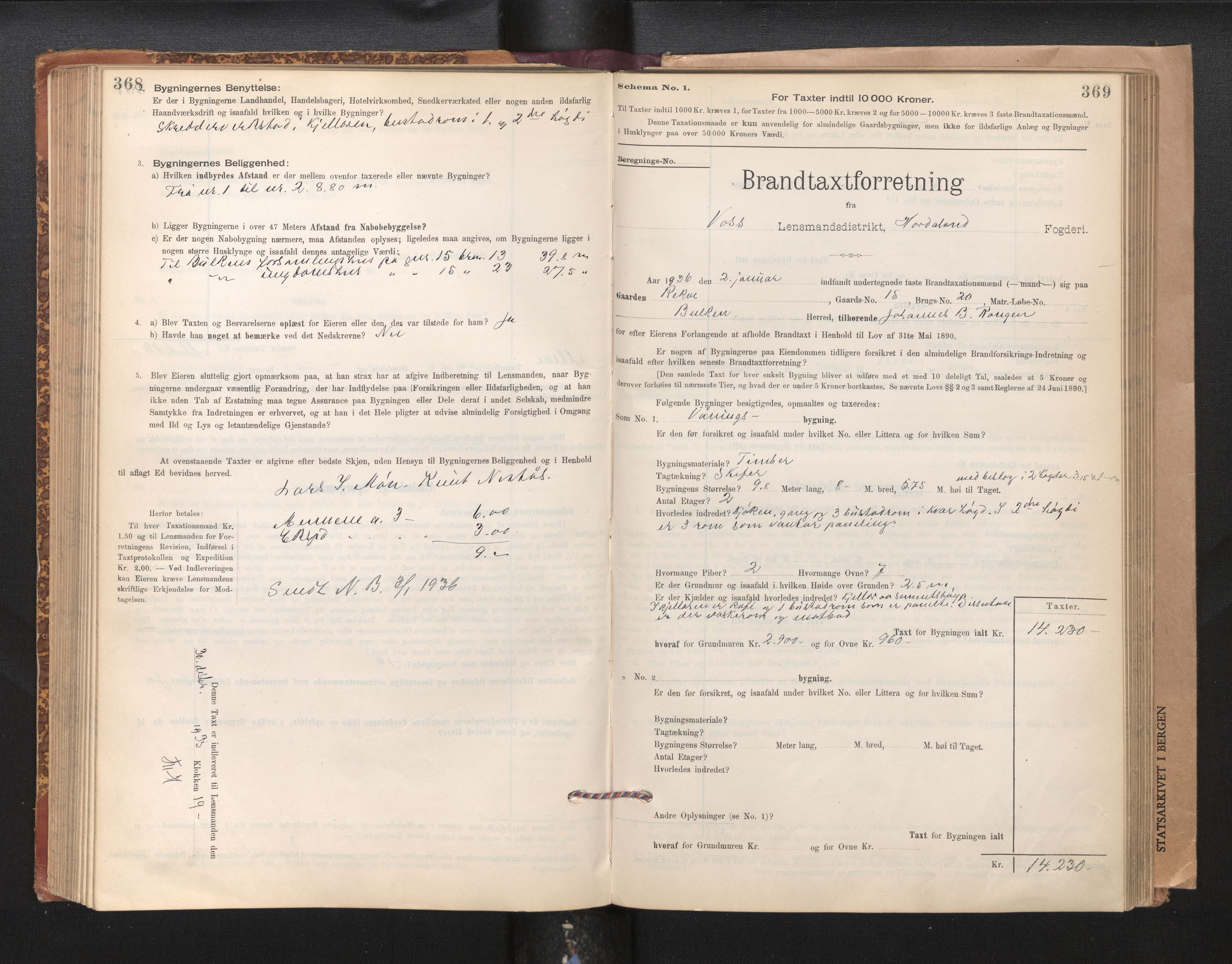 Lensmannen i Voss, SAB/A-35801/0012/L0008: Branntakstprotokoll, skjematakst, 1895-1945, s. 368-369