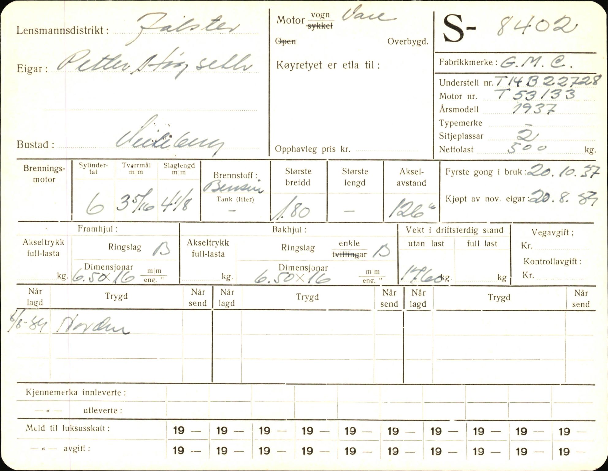 Statens vegvesen, Sogn og Fjordane vegkontor, AV/SAB-A-5301/4/F/L0006: Registerkort utmeldte Fjordane S8300-9500, 1930-1961, s. 165