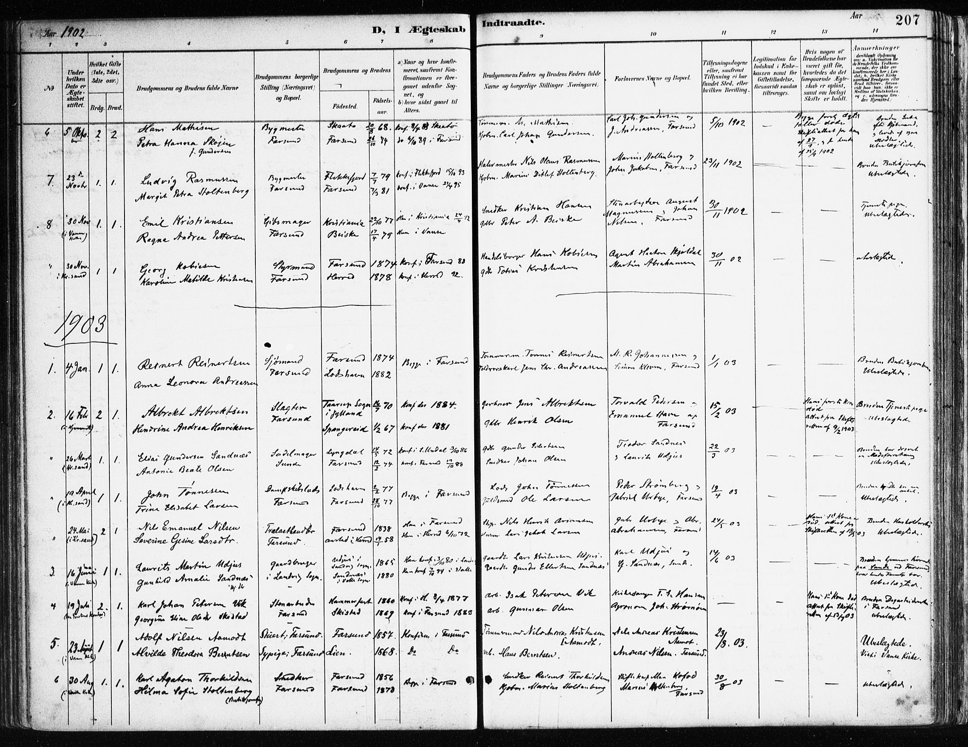 Farsund sokneprestkontor, AV/SAK-1111-0009/F/Fa/L0006: Ministerialbok nr. A 6, 1887-1920, s. 207