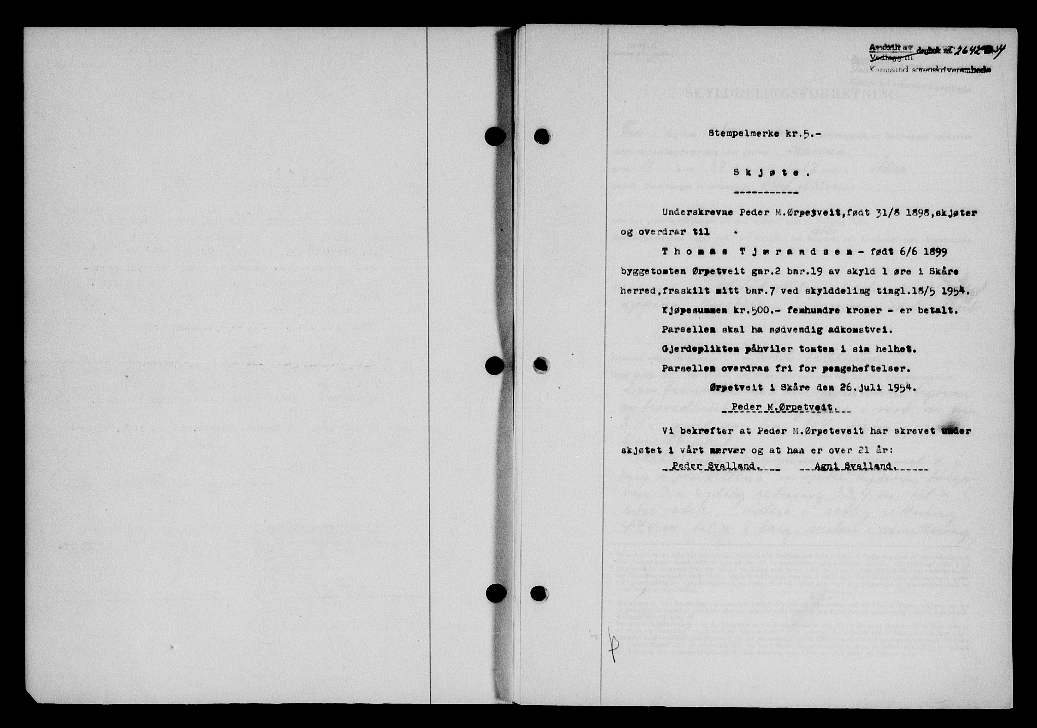 Karmsund sorenskriveri, SAST/A-100311/01/II/IIB/L0113: Pantebok nr. 93A, 1954-1954, Dagboknr: 2642/1954