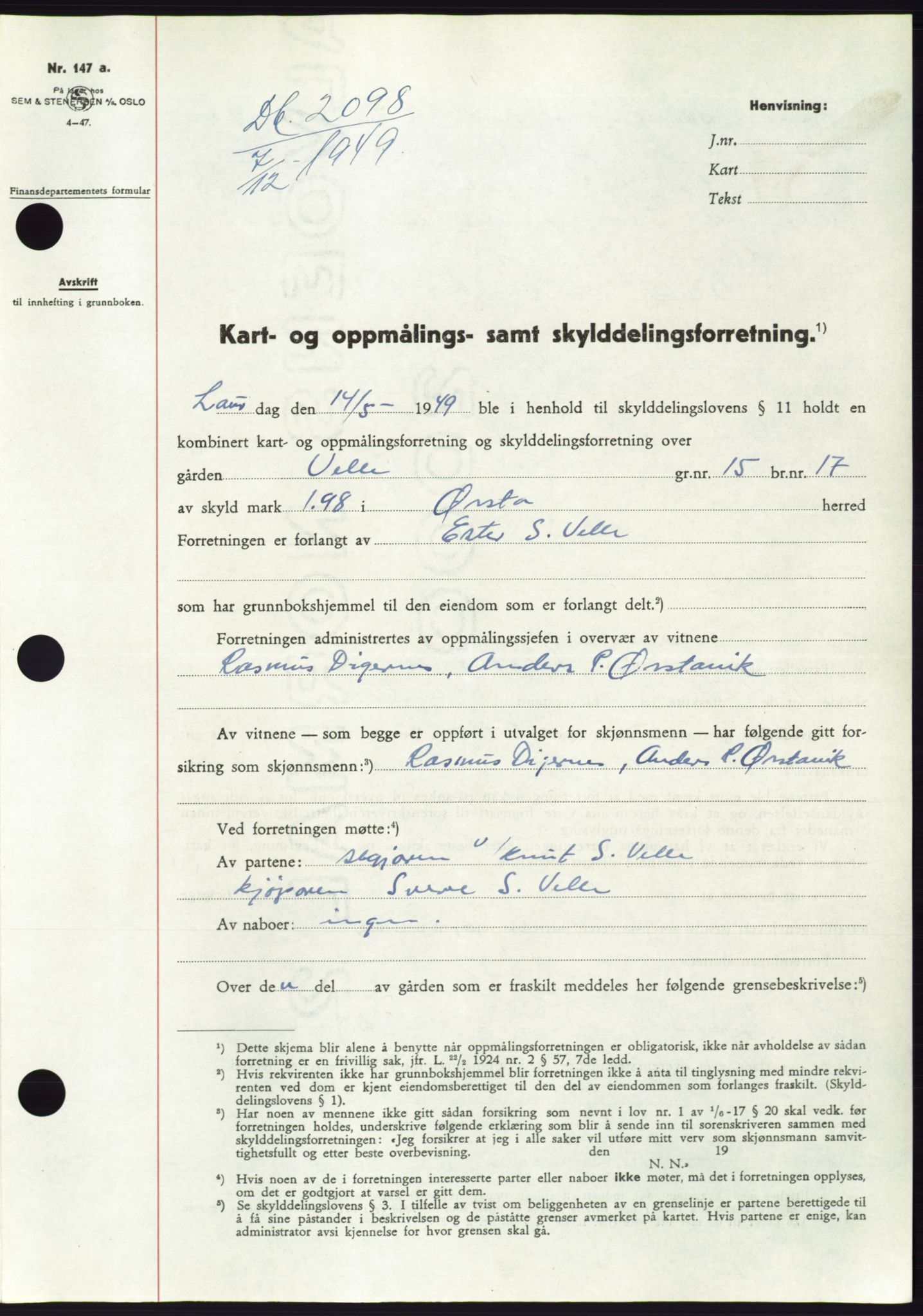 Søre Sunnmøre sorenskriveri, SAT/A-4122/1/2/2C/L0085: Pantebok nr. 11A, 1949-1949, Dagboknr: 2098/1949