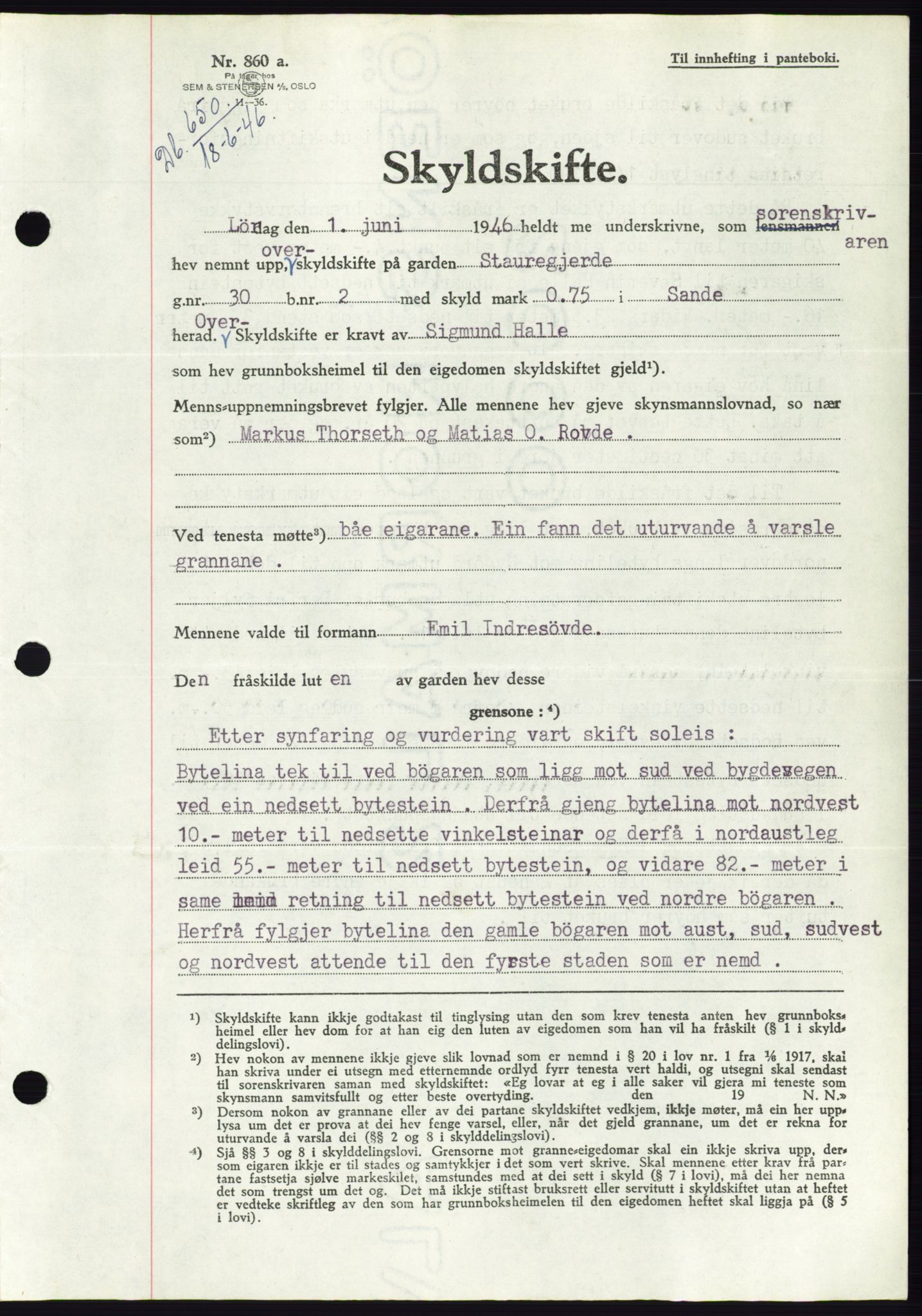 Søre Sunnmøre sorenskriveri, AV/SAT-A-4122/1/2/2C/L0078: Pantebok nr. 4A, 1946-1946, Dagboknr: 650/1946