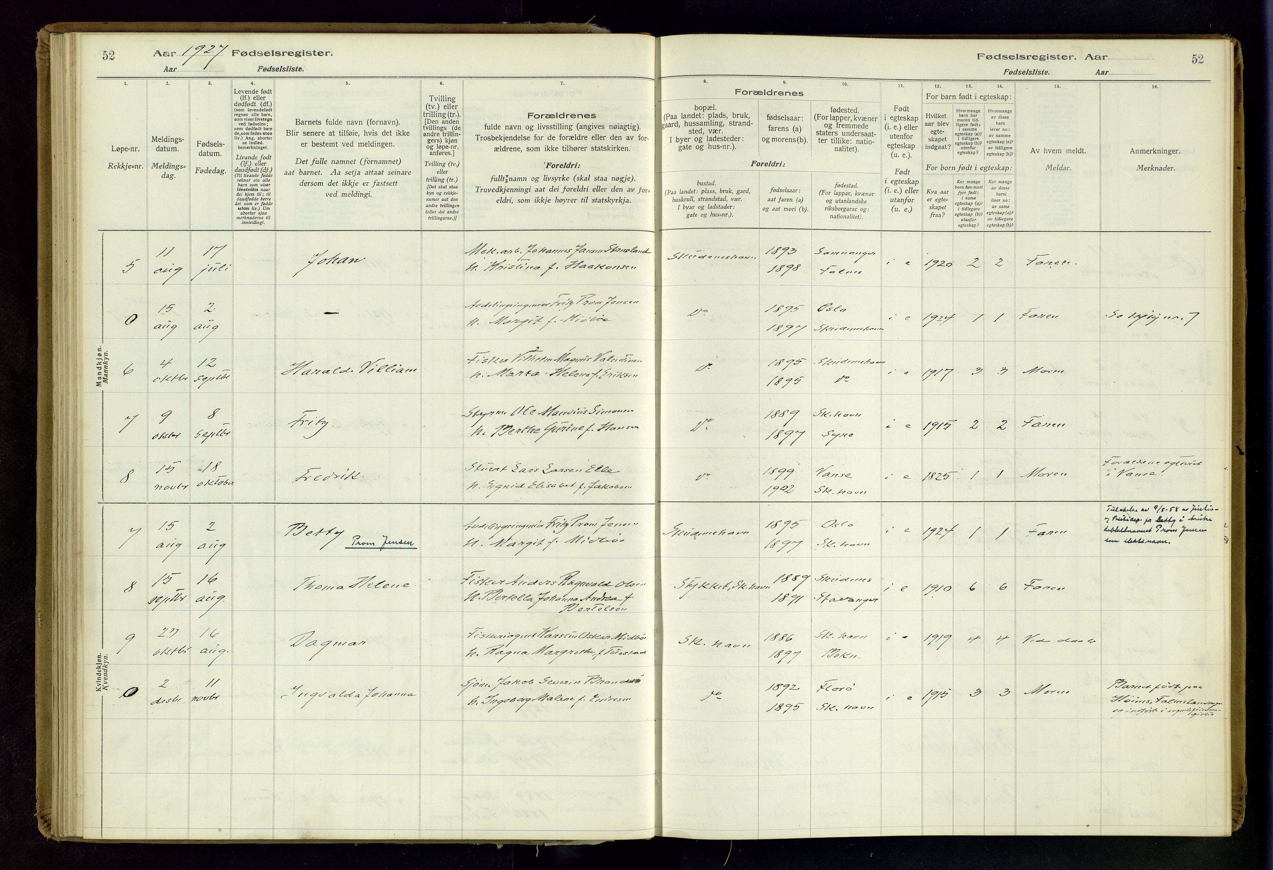 Skudenes sokneprestkontor, SAST/A -101849/I/Id/L0003: Fødselsregister nr. 3, 1916-1964, s. 52