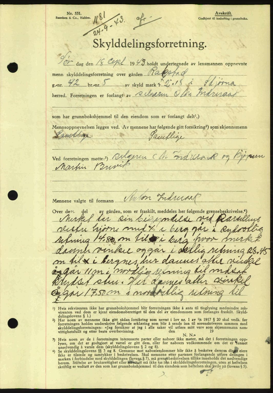 Fosen sorenskriveri, AV/SAT-A-1107/1/2/2C: Pantebok nr. A2, 1942-1943, Dagboknr: 1181/1943