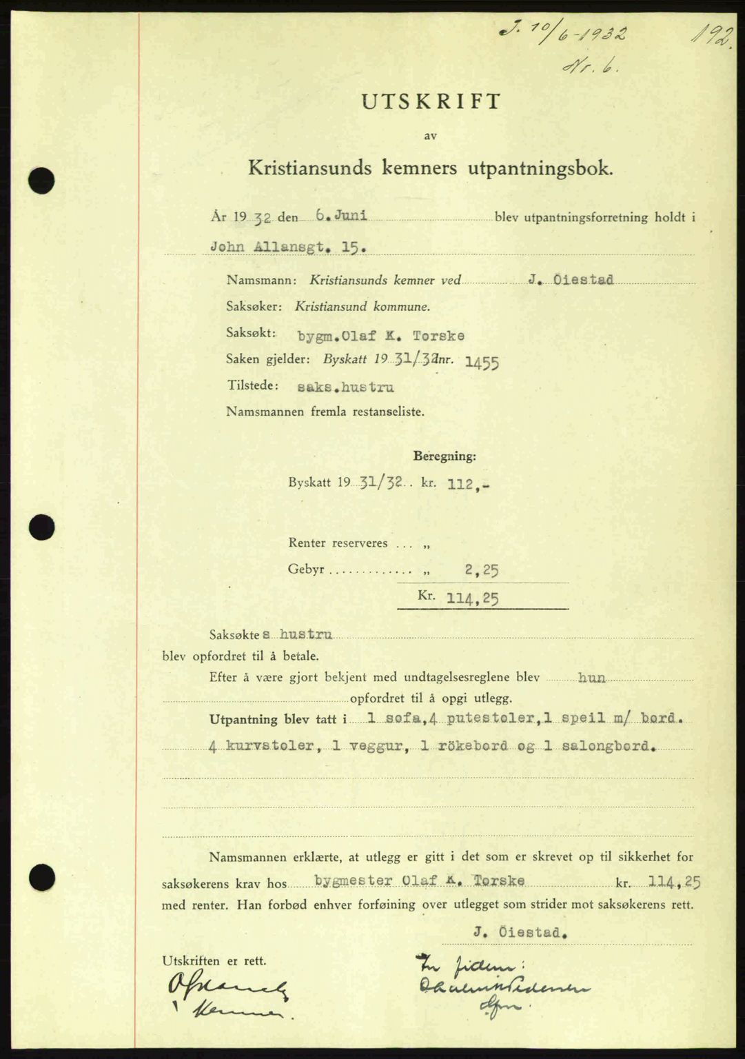 Kristiansund byfogd, SAT/A-4587/A/27: Pantebok nr. 26, 1931-1933, Tingl.dato: 10.06.1932