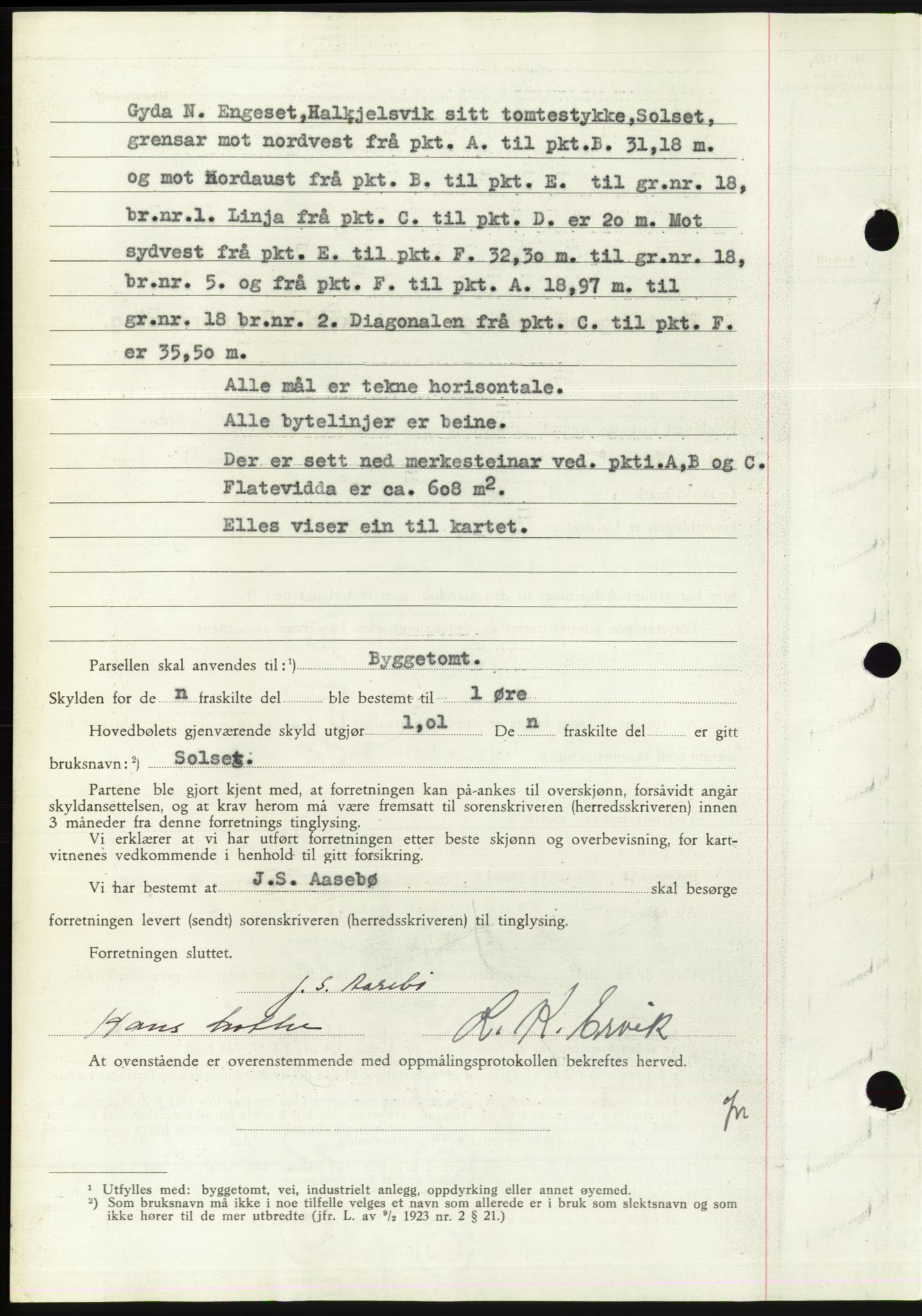 Søre Sunnmøre sorenskriveri, AV/SAT-A-4122/1/2/2C/L0075: Pantebok nr. 1A, 1943-1943, Dagboknr: 605/1943