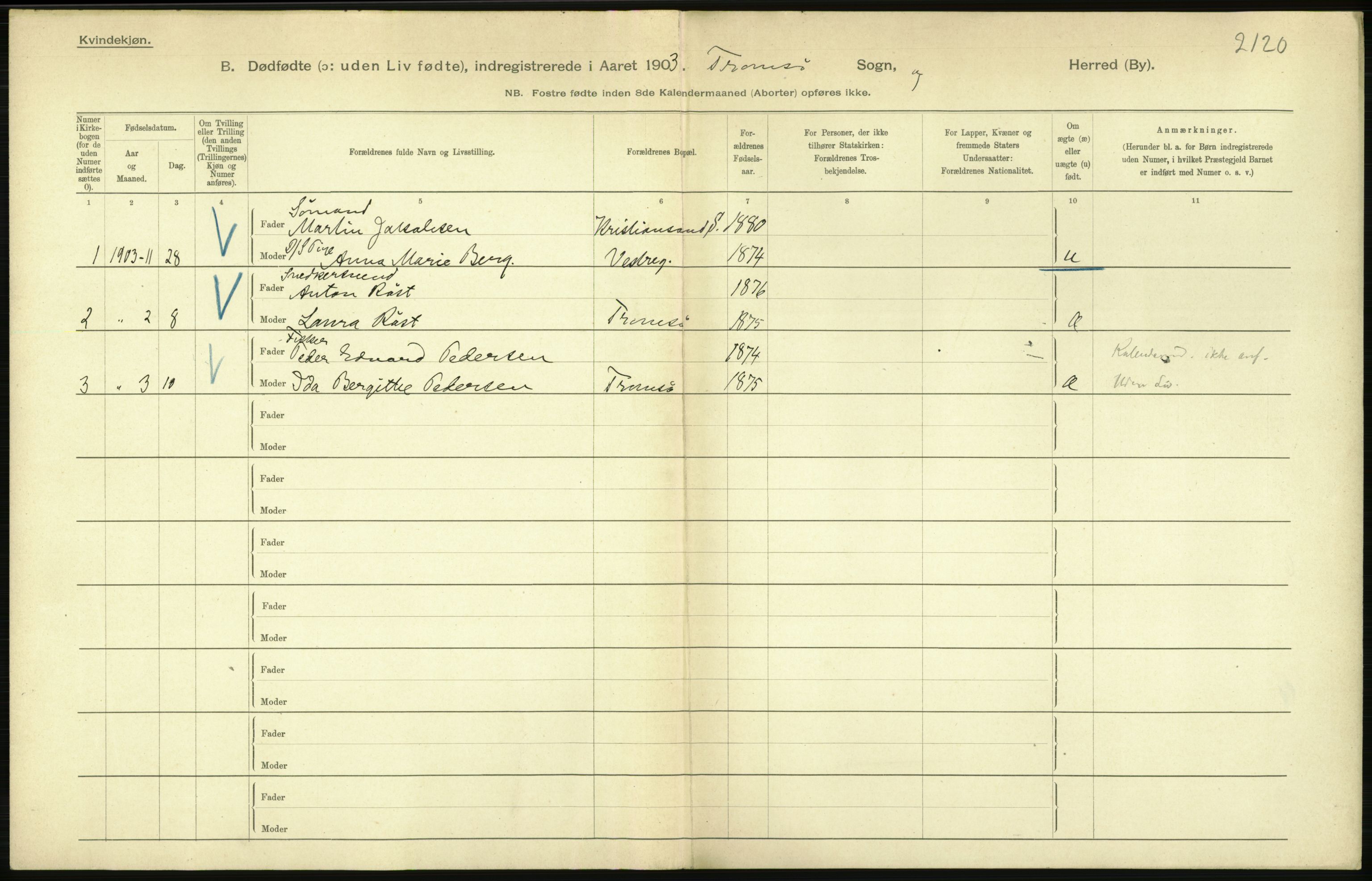 Statistisk sentralbyrå, Sosiodemografiske emner, Befolkning, RA/S-2228/D/Df/Dfa/Dfaa/L0026: Smålenenes - Finnmarkens amt: Dødfødte. Byer., 1903, s. 172