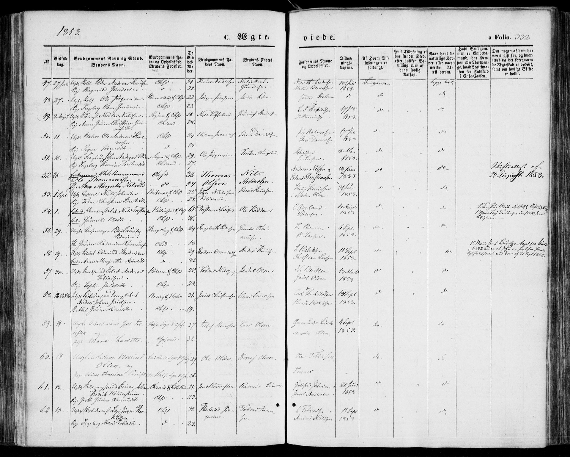 Kristiansand domprosti, AV/SAK-1112-0006/F/Fa/L0014: Ministerialbok nr. A 14, 1852-1867, s. 332