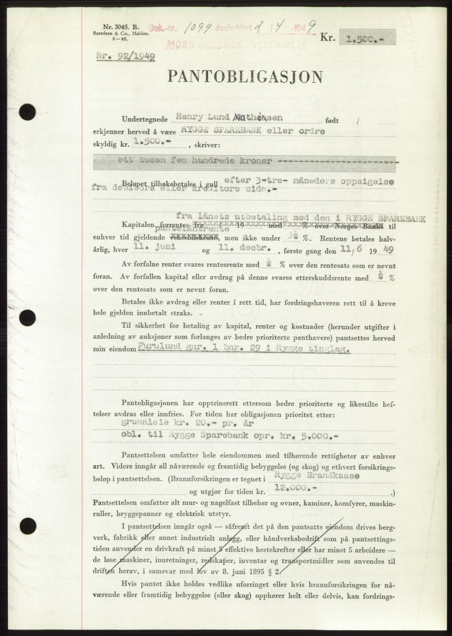 Moss sorenskriveri, SAO/A-10168: Pantebok nr. B21, 1949-1949, Dagboknr: 1099/1949