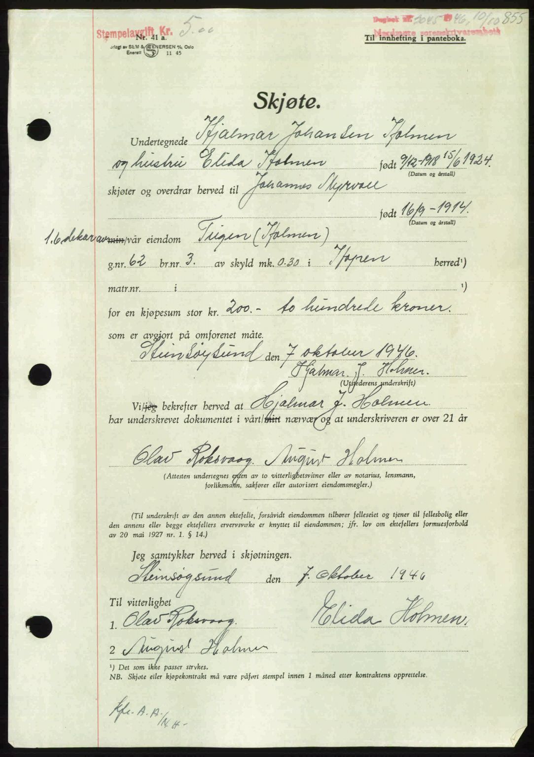 Nordmøre sorenskriveri, AV/SAT-A-4132/1/2/2Ca: Pantebok nr. A102, 1946-1946, Dagboknr: 2045/1946