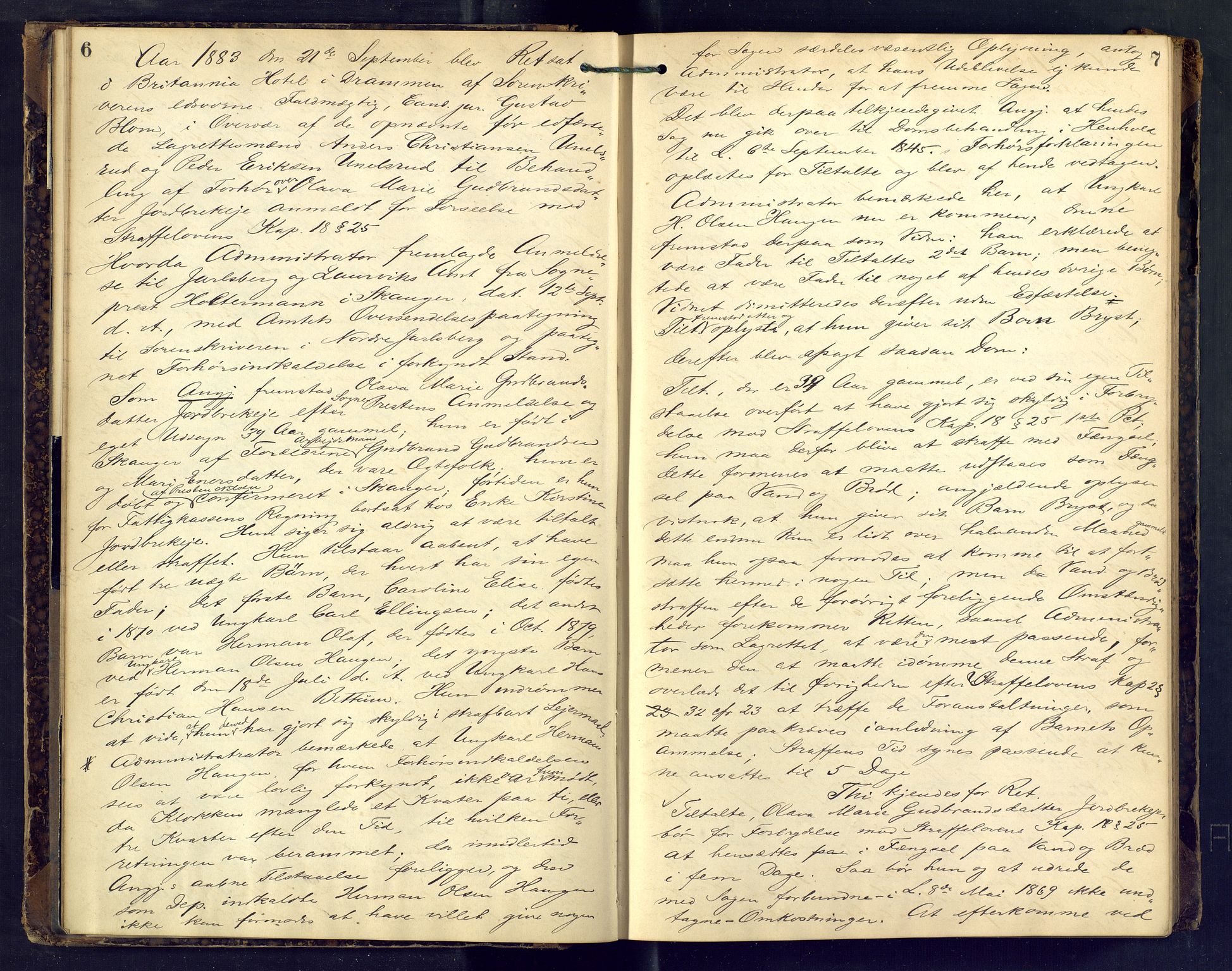 Nordre Jarlsberg sorenskriveri, AV/SAKO-A-80/F/Fb/Fba/L0024: Ekstrarettsprotokoll, 1883-1886, s. 6-7