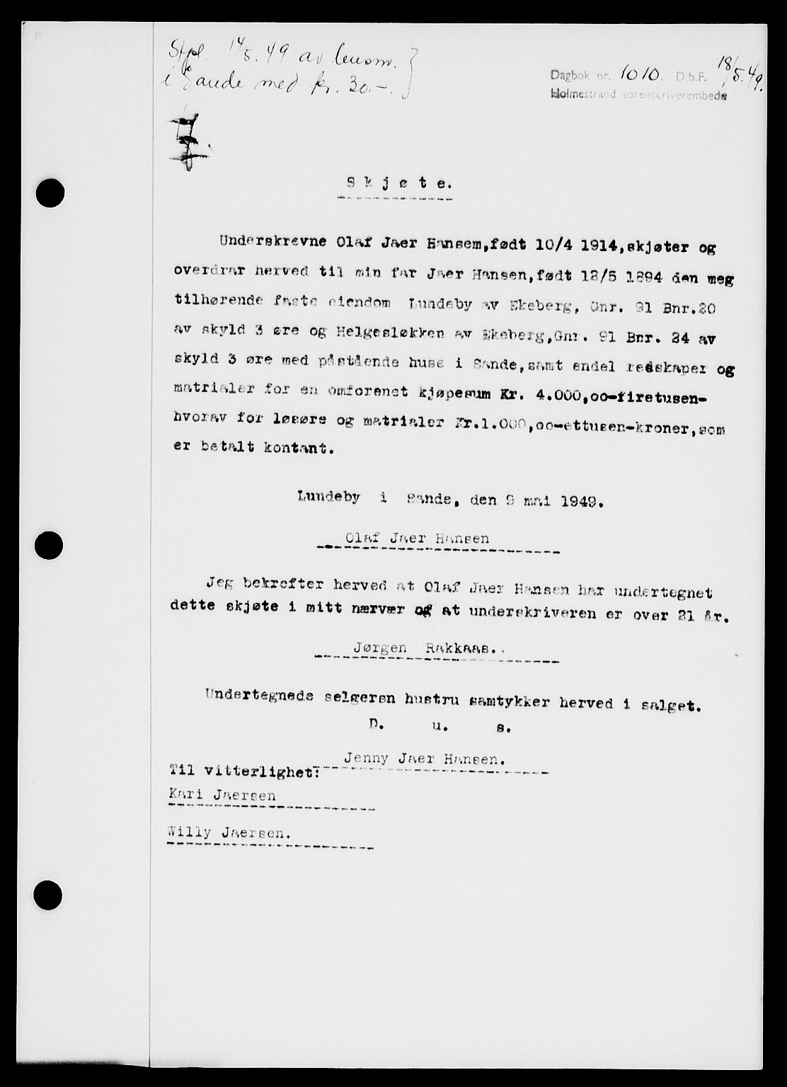 Holmestrand sorenskriveri, SAKO/A-67/G/Ga/Gaa/L0066: Pantebok nr. A-66, 1949-1949, Dagboknr: 1010/1949