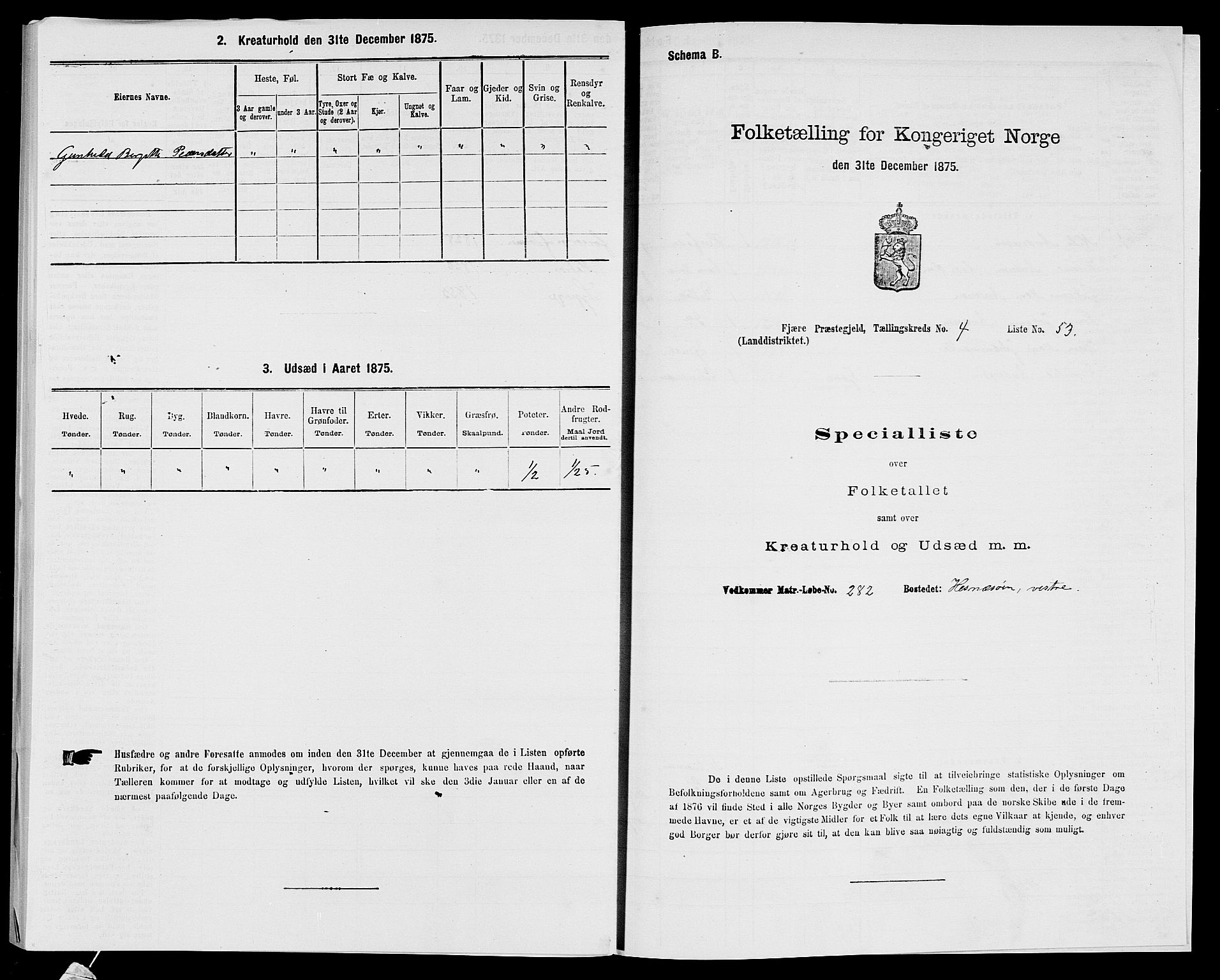 SAK, Folketelling 1875 for 0923L Fjære prestegjeld, Fjære sokn, 1875, s. 1135