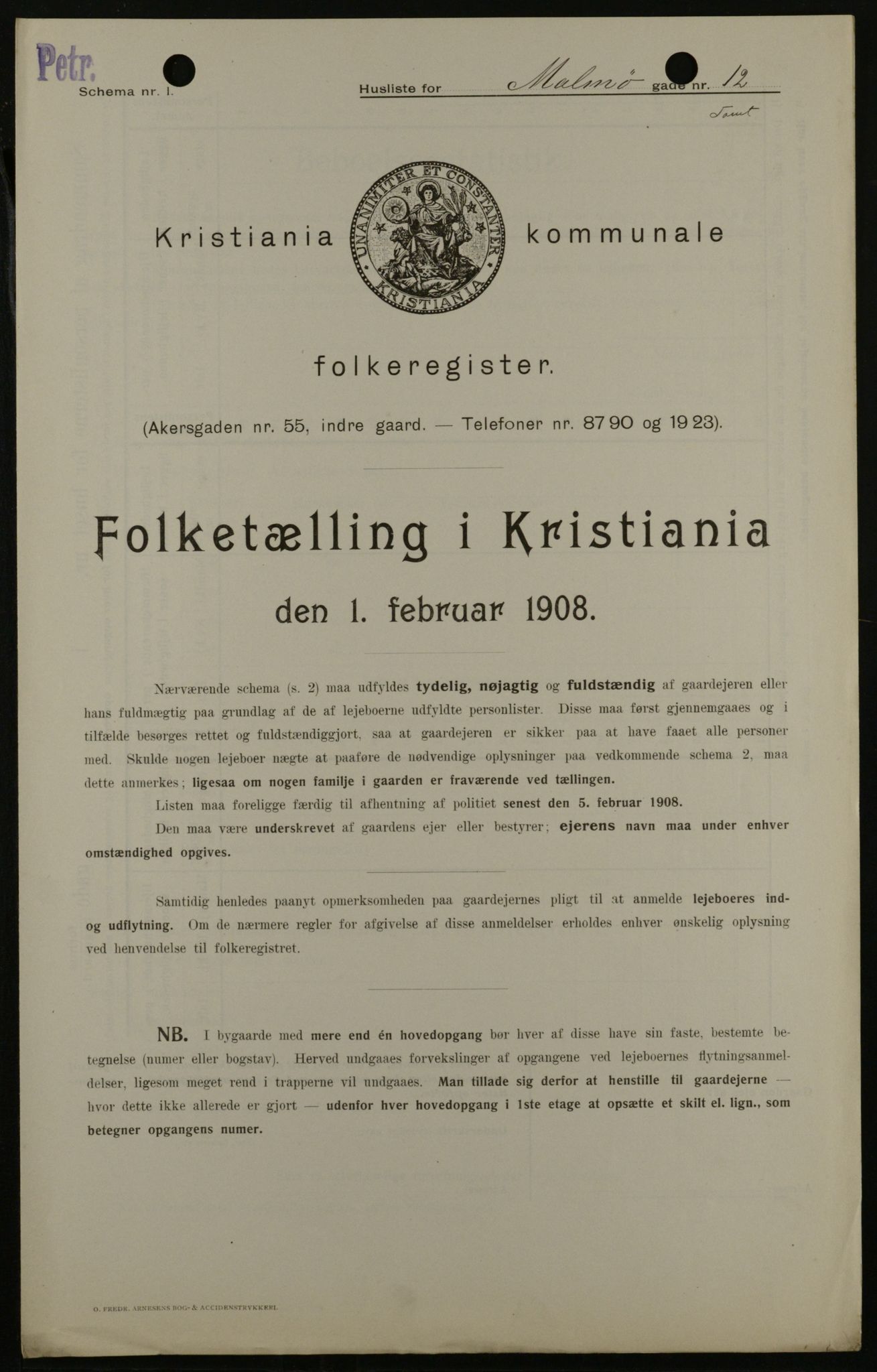 OBA, Kommunal folketelling 1.2.1908 for Kristiania kjøpstad, 1908, s. 53824