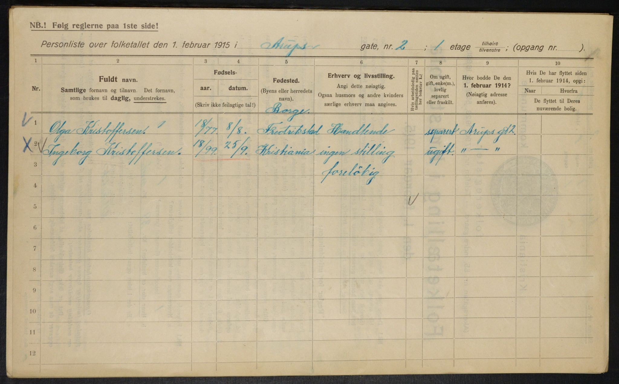 OBA, Kommunal folketelling 1.2.1915 for Kristiania, 1915, s. 2231