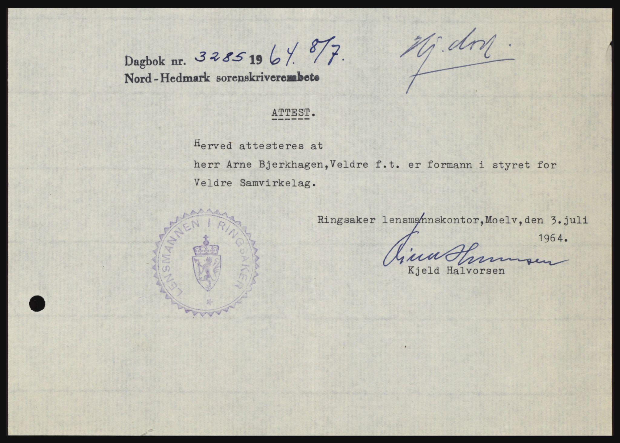 Nord-Hedmark sorenskriveri, SAH/TING-012/H/Hc/L0020: Pantebok nr. 20, 1964-1964, Dagboknr: 3285/1964