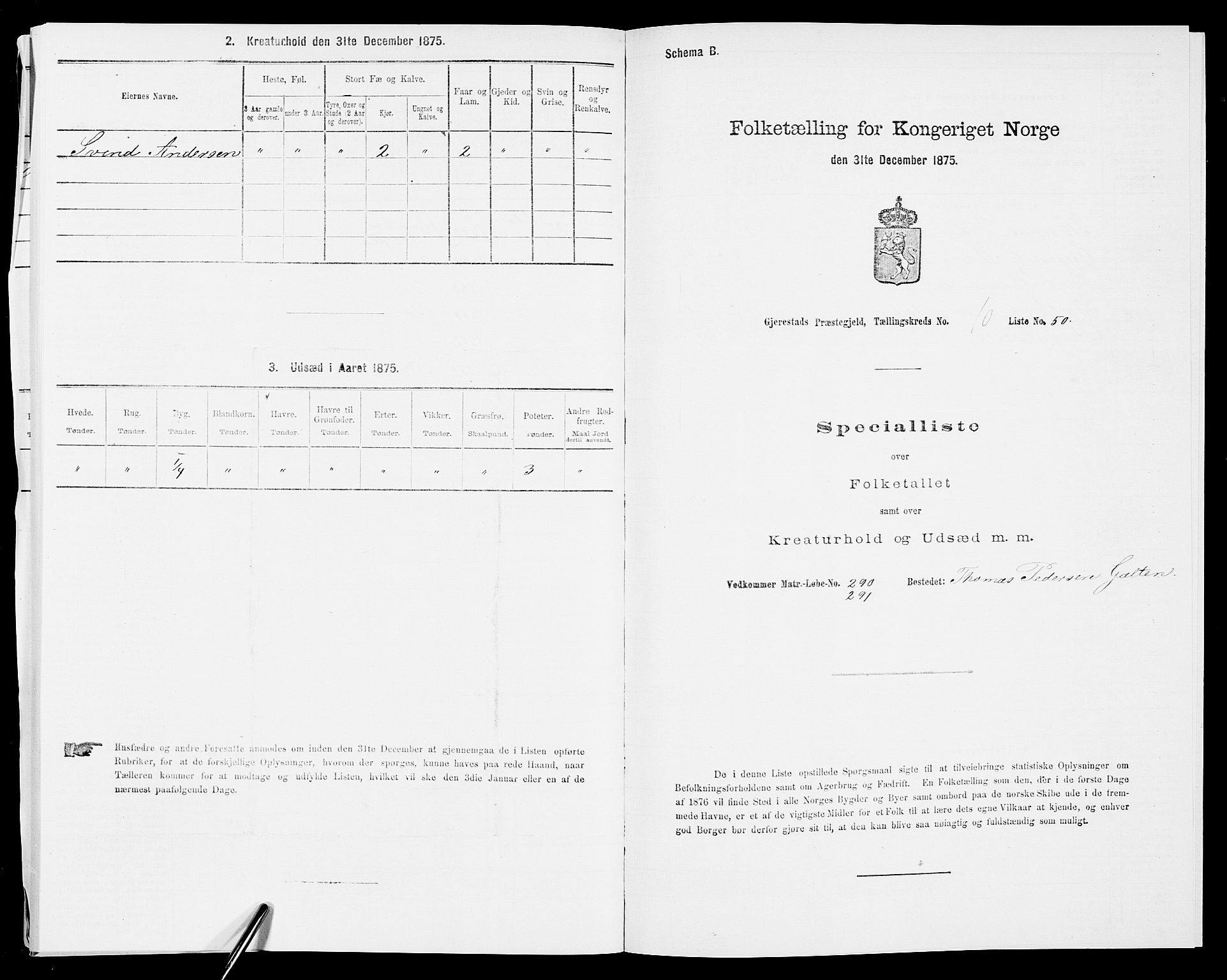 SAK, Folketelling 1875 for 0911P Gjerstad prestegjeld, 1875, s. 1119