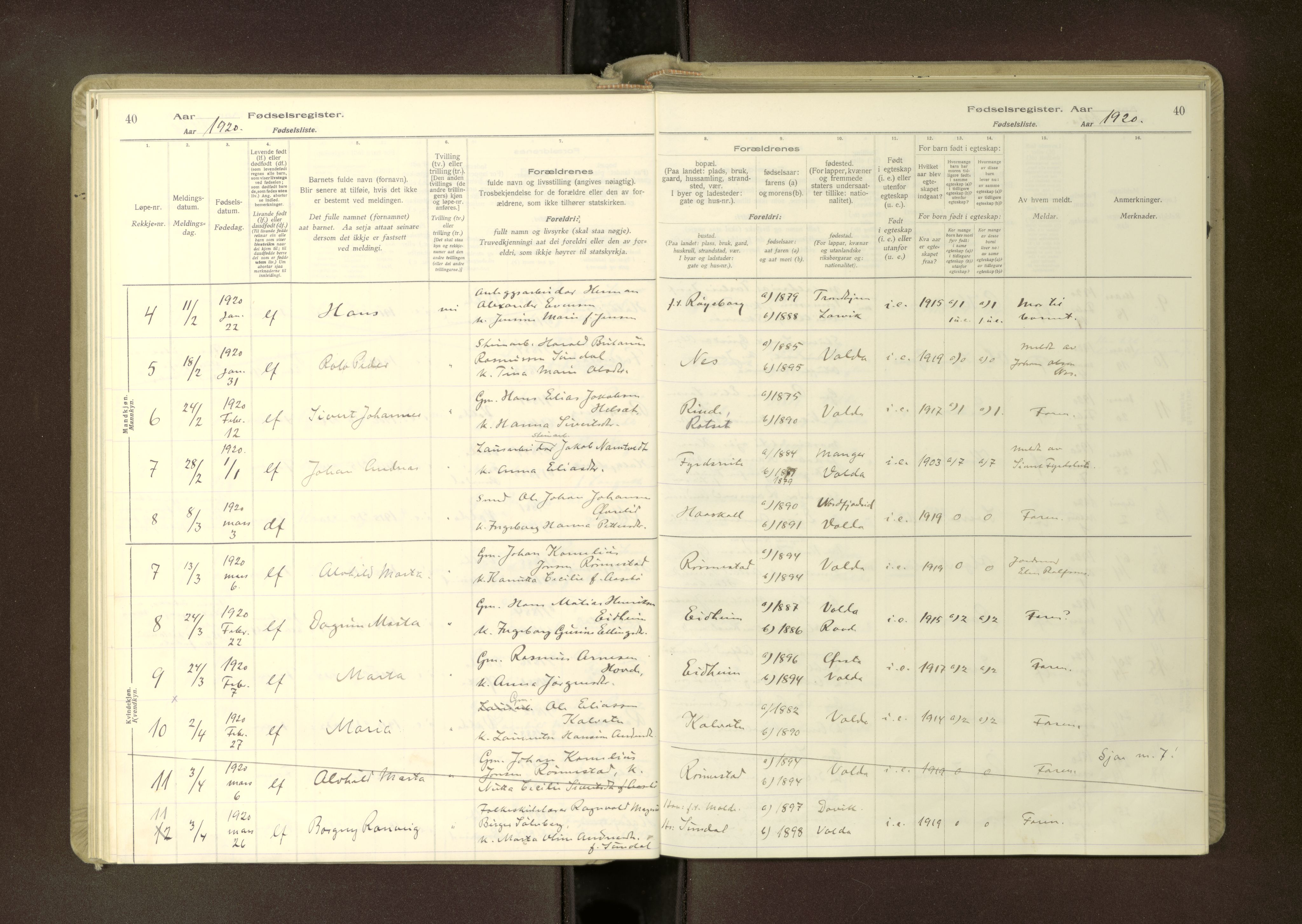 Ministerialprotokoller, klokkerbøker og fødselsregistre - Møre og Romsdal, AV/SAT-A-1454/511/L0165: Fødselsregister nr. 511---, 1916-1937, s. 40