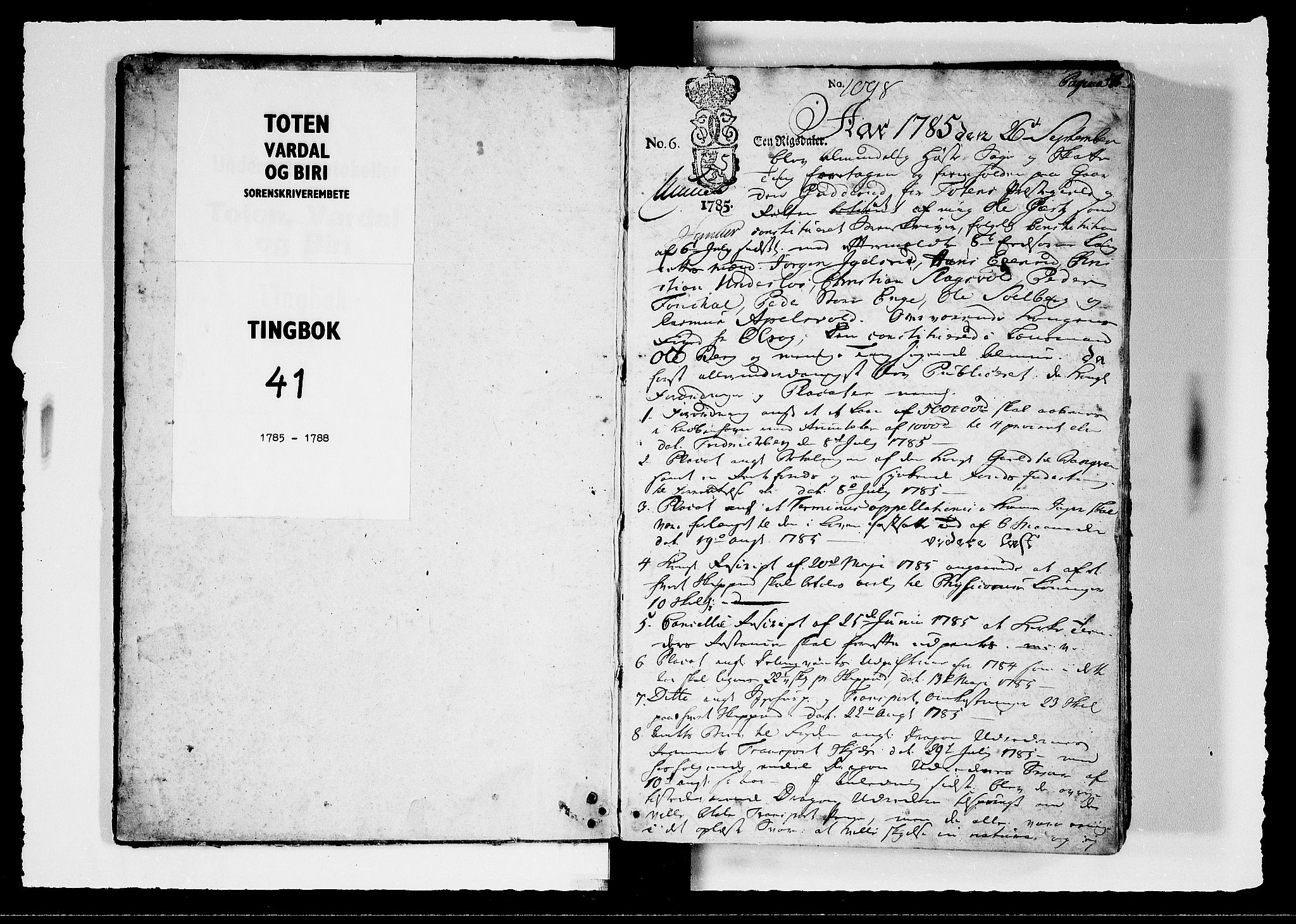 Toten tingrett, SAH/TING-006/G/Gb/Gba/L0041: Tingbok, 1785-1788, s. 0-1