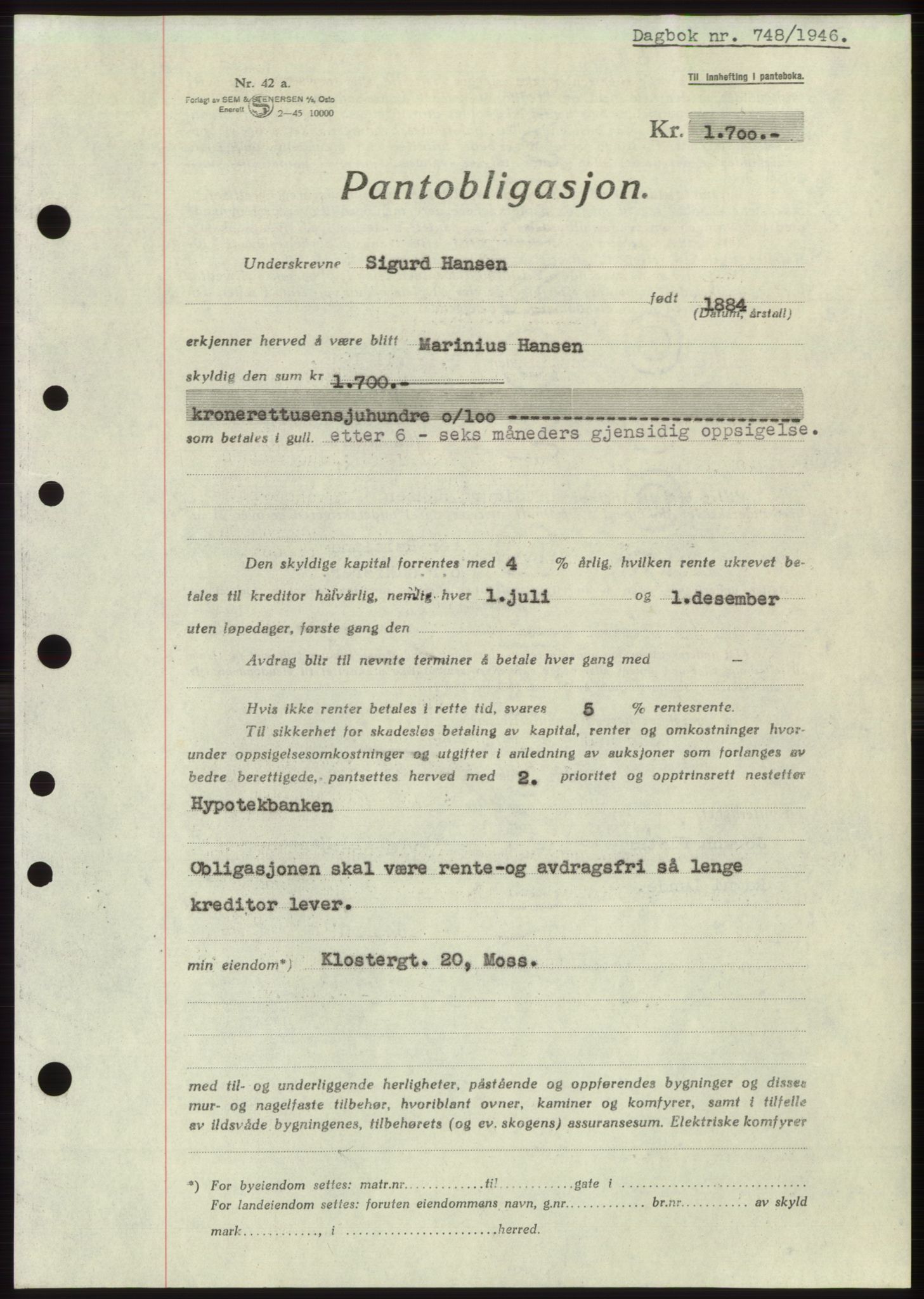 Moss sorenskriveri, SAO/A-10168: Pantebok nr. B15, 1946-1946, Dagboknr: 748/1946