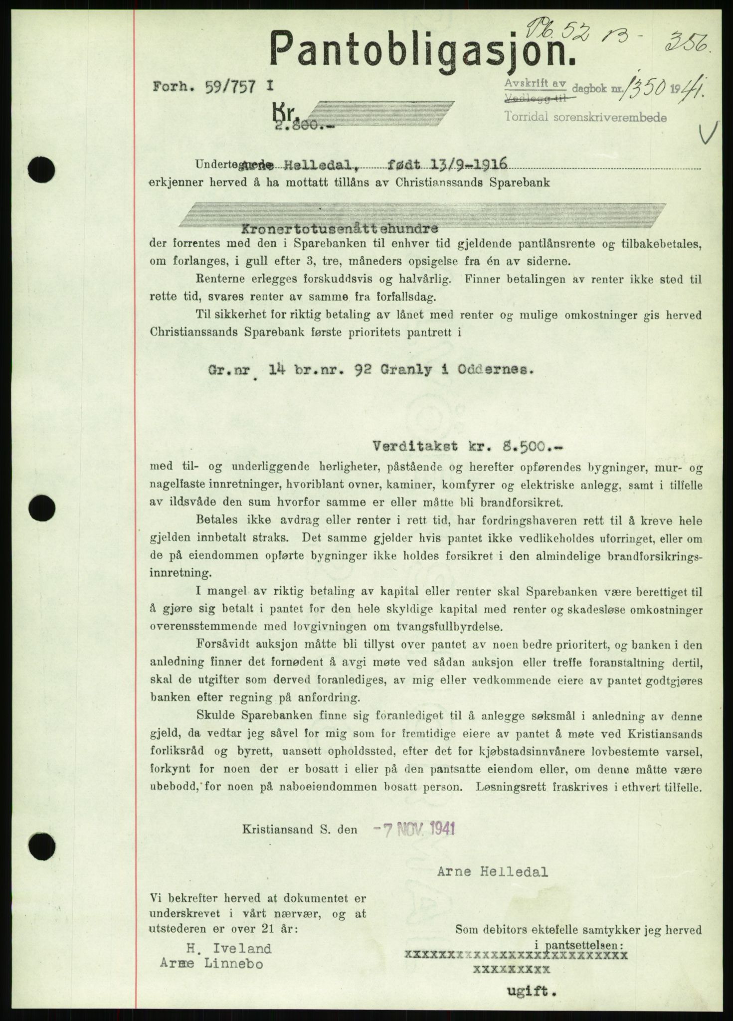 Torridal sorenskriveri, SAK/1221-0012/G/Gb/Gbb/L0008: Pantebok nr. 52b, 1940-1942, Dagboknr: 1350/1941