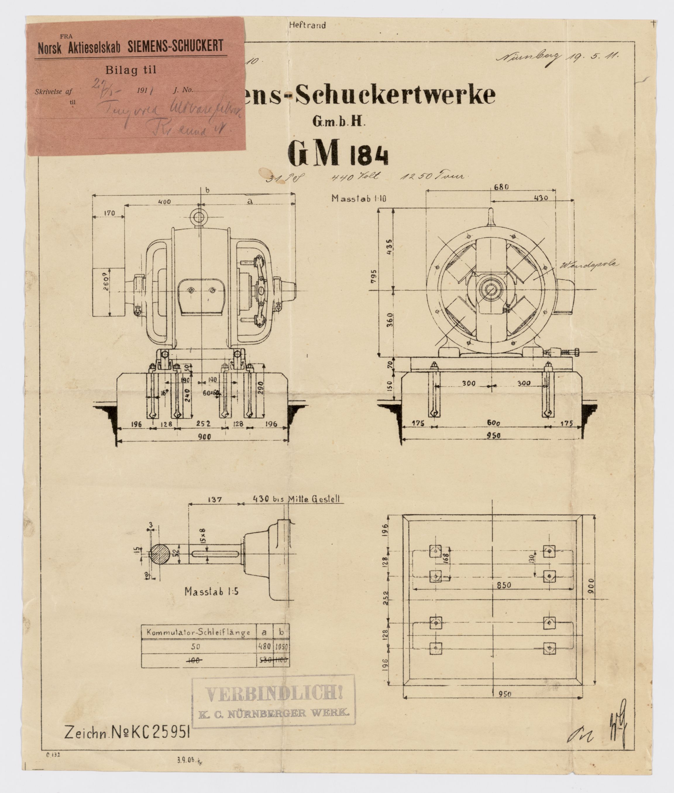 Tingvoll Ullvarefabrikk, IKAM/P-00482/T/Ta/L0007: Tegninger av maskineri fra Siemens-Schuckert Werke, 1911-1913